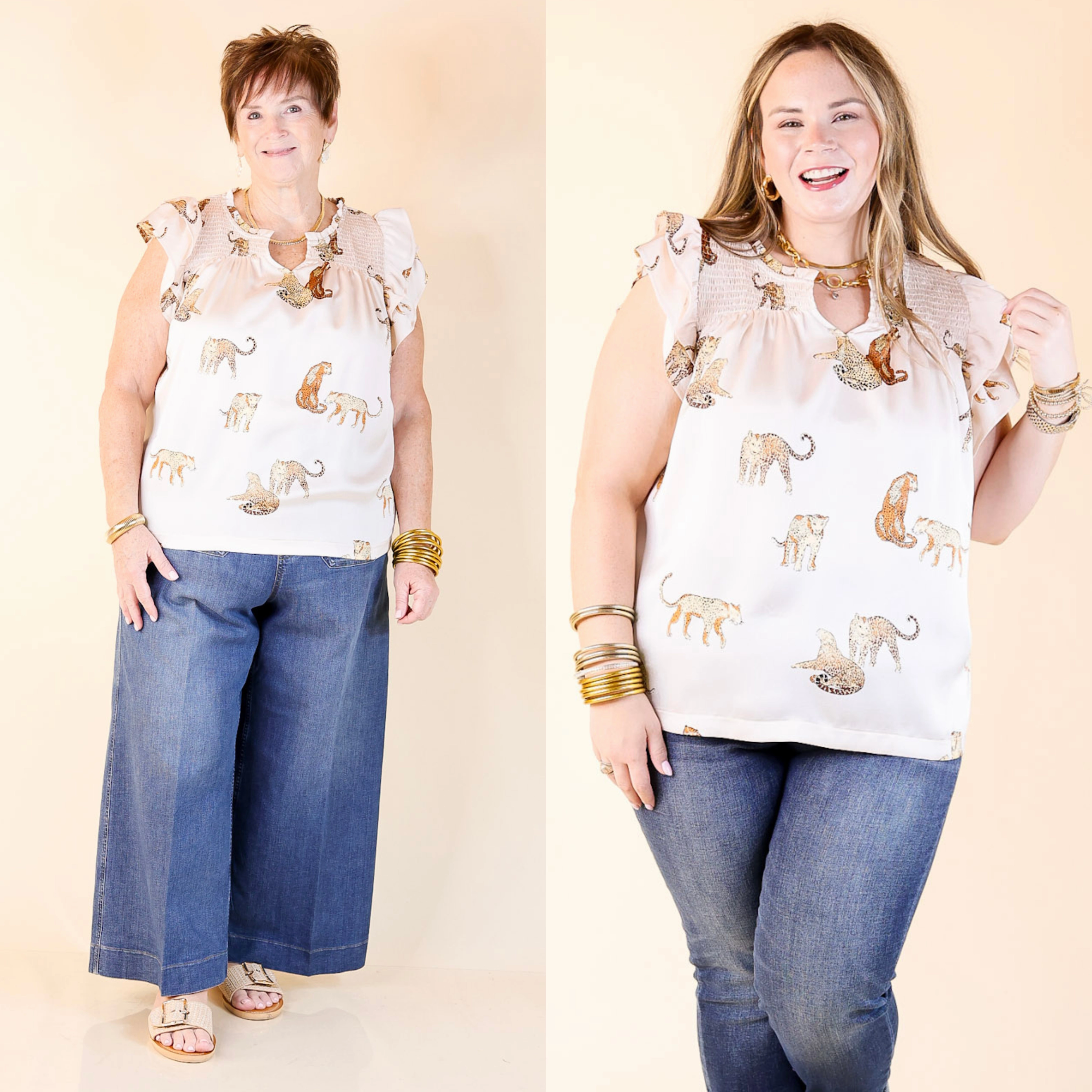 Wildly Sweet Leopard Print Blouse with Smoked Yoke and Ruffle Sleeves in Cream Brunch Outfit Abstract print