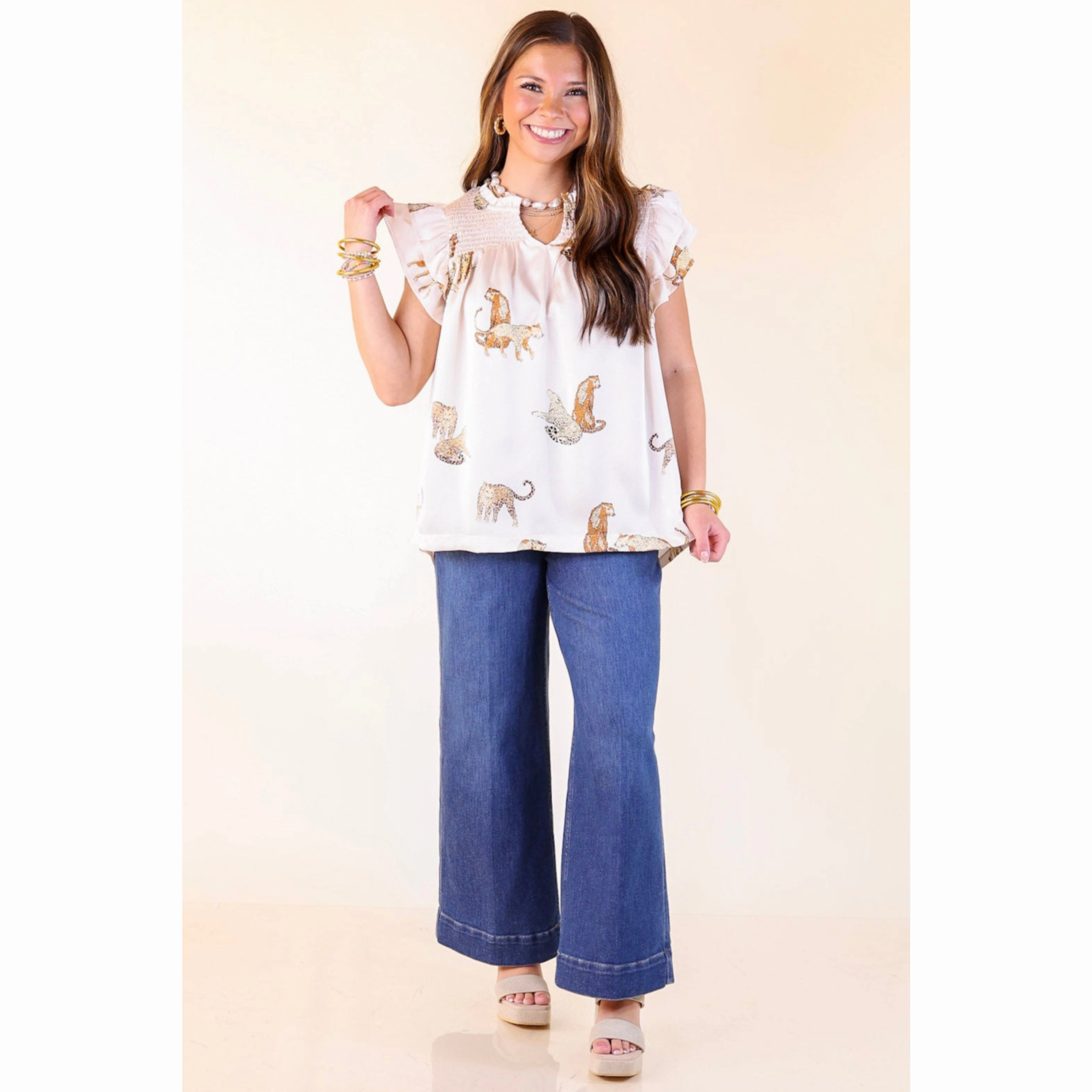 Seasonal Wear Wildly Sweet Leopard Print Blouse with Smoked Yoke and Ruffle Sleeves in Cream