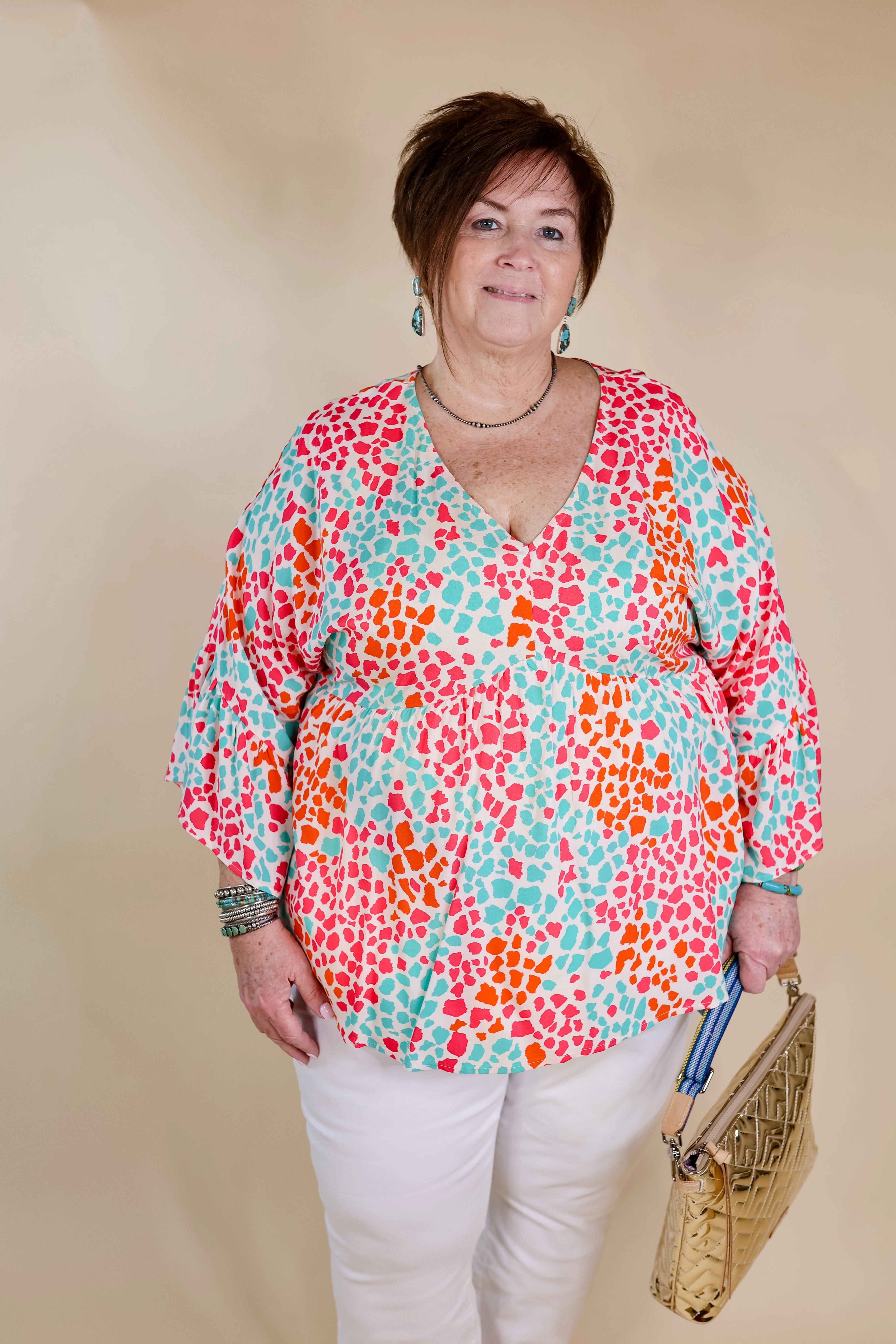 Feeling Ideal Multi Color Dotted Babydoll Top with Ruffle 3/4 Sleeves in Ivory River Core