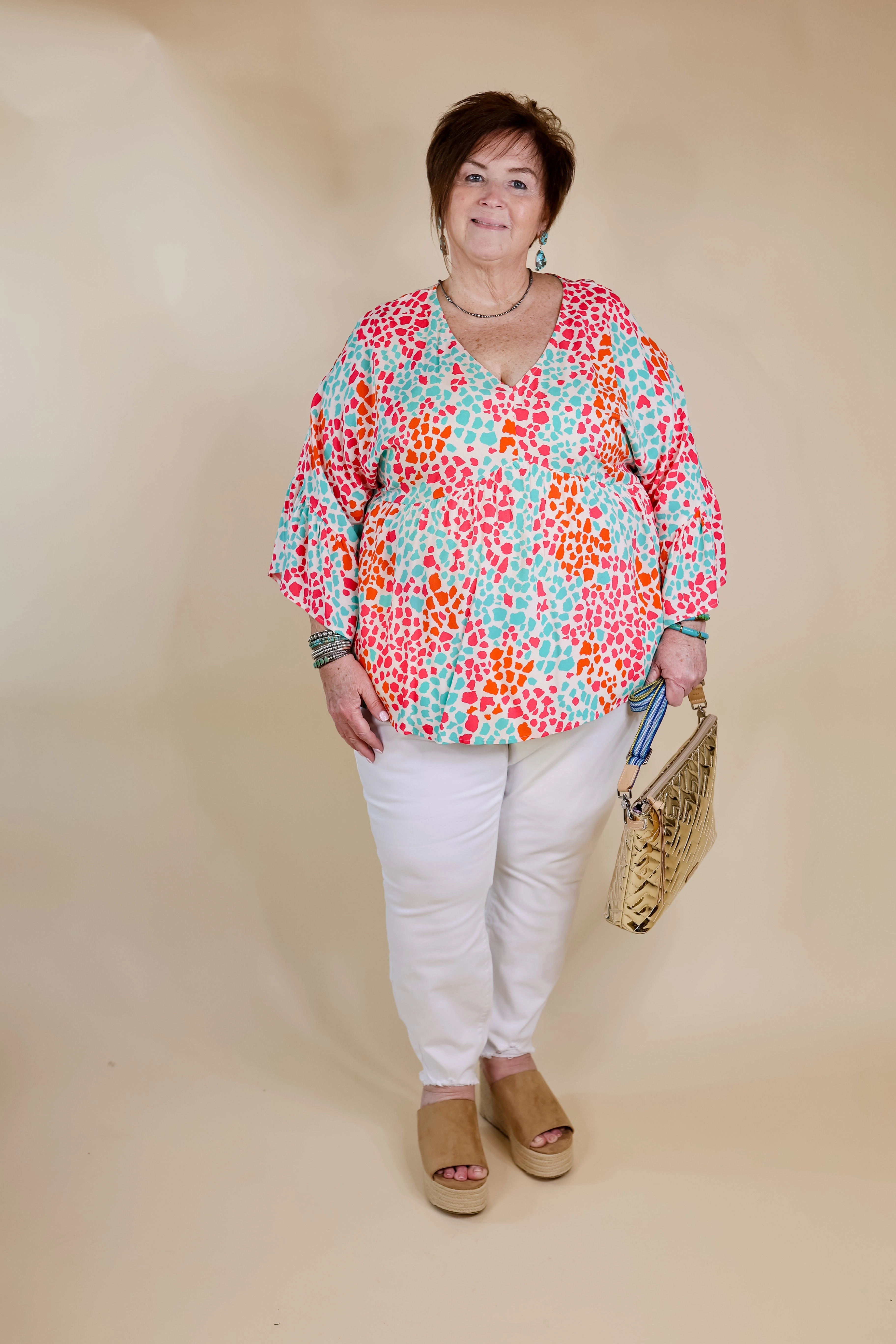 Evening Glow Vacation Mood Feeling Ideal Multi Color Dotted Babydoll Top with Ruffle 3/4 Sleeves in Ivory