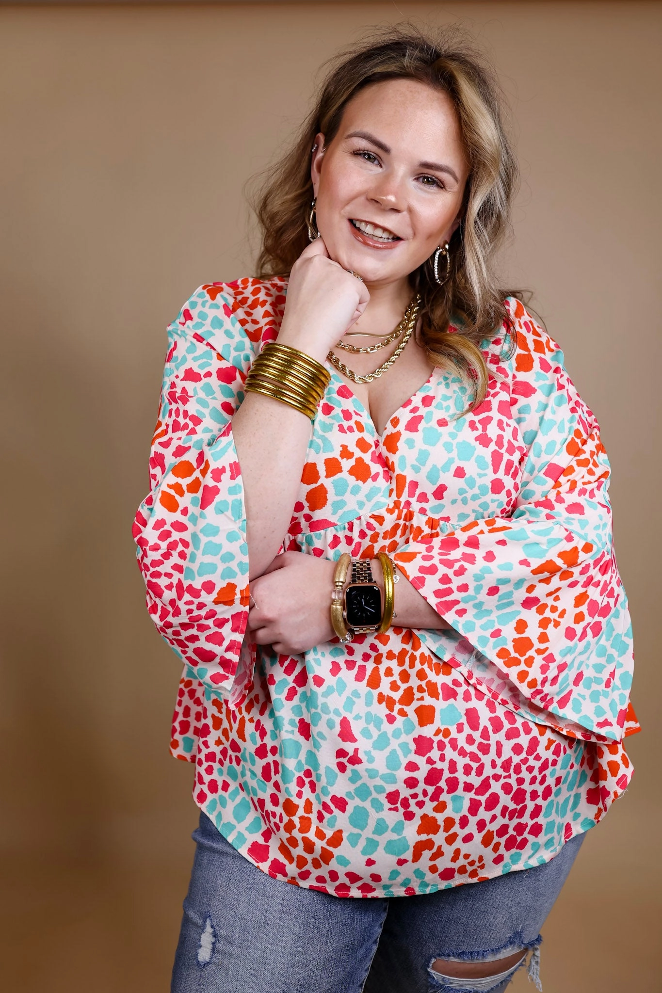 Feeling Ideal Multi Color Dotted Babydoll Top with Ruffle 3/4 Sleeves in Ivory Reinforced Stitching