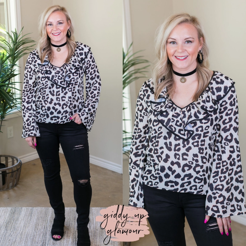 HypoallergenicFabric Last Chance Size Medium | Light Me Up Leopard Top with Ruffle Collar in Ivory