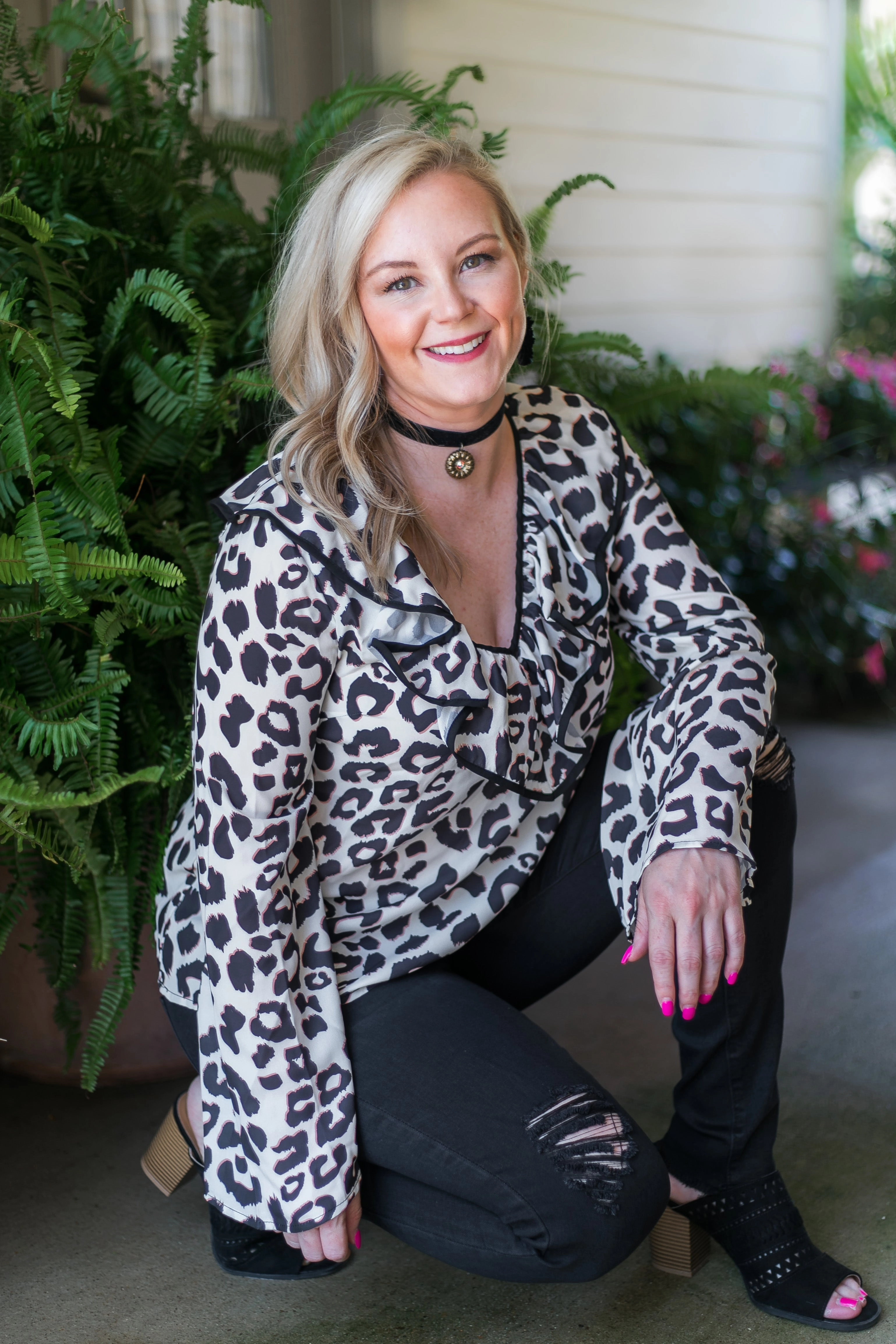 River Core Last Chance Size Medium | Light Me Up Leopard Top with Ruffle Collar in Ivory