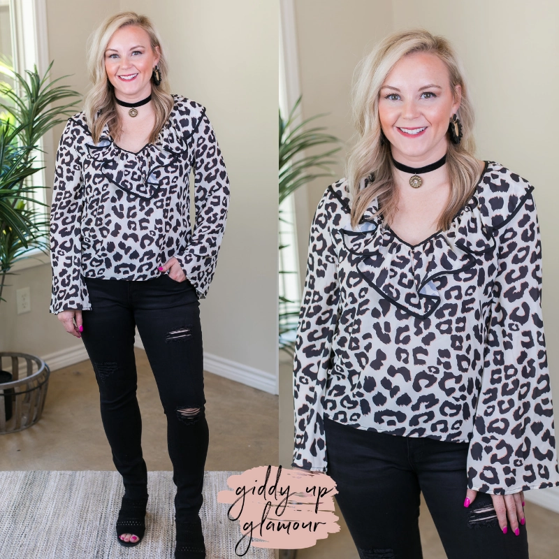 Light Flow Last Chance Size Medium | Light Me Up Leopard Top with Ruffle Collar in Ivory