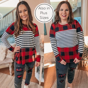 HighVisibility Trim Last Chance Size Small, Medium & 3XL | Cozy Cabin Vibes Buffalo Plaid and Striped Print Block Top in Red, Ivory, and Black