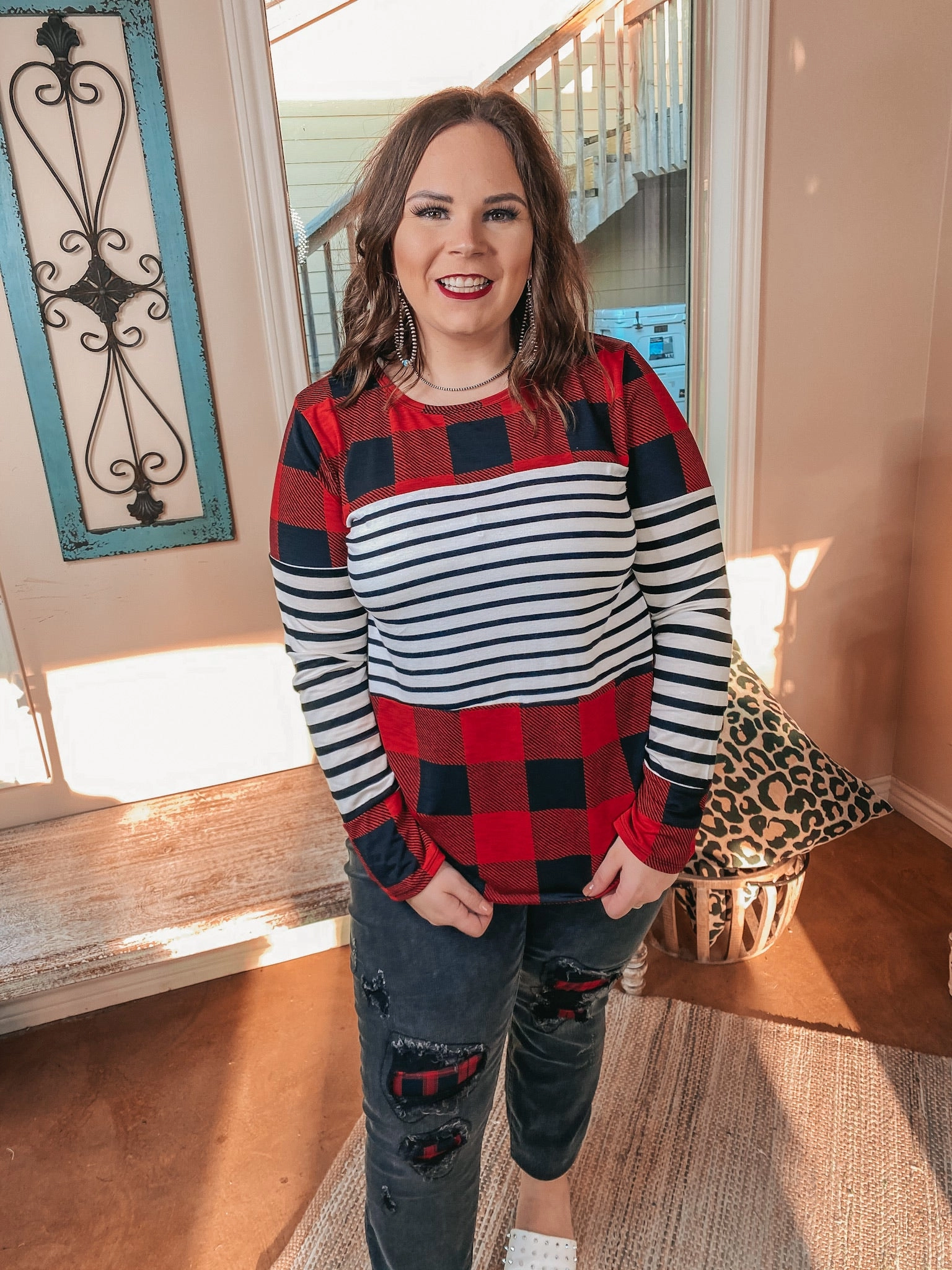 Last Chance Size Small, Medium & 3XL | Cozy Cabin Vibes Buffalo Plaid and Striped Print Block Top in Red, Ivory, and Black Multi-Purpose Wear City Casual