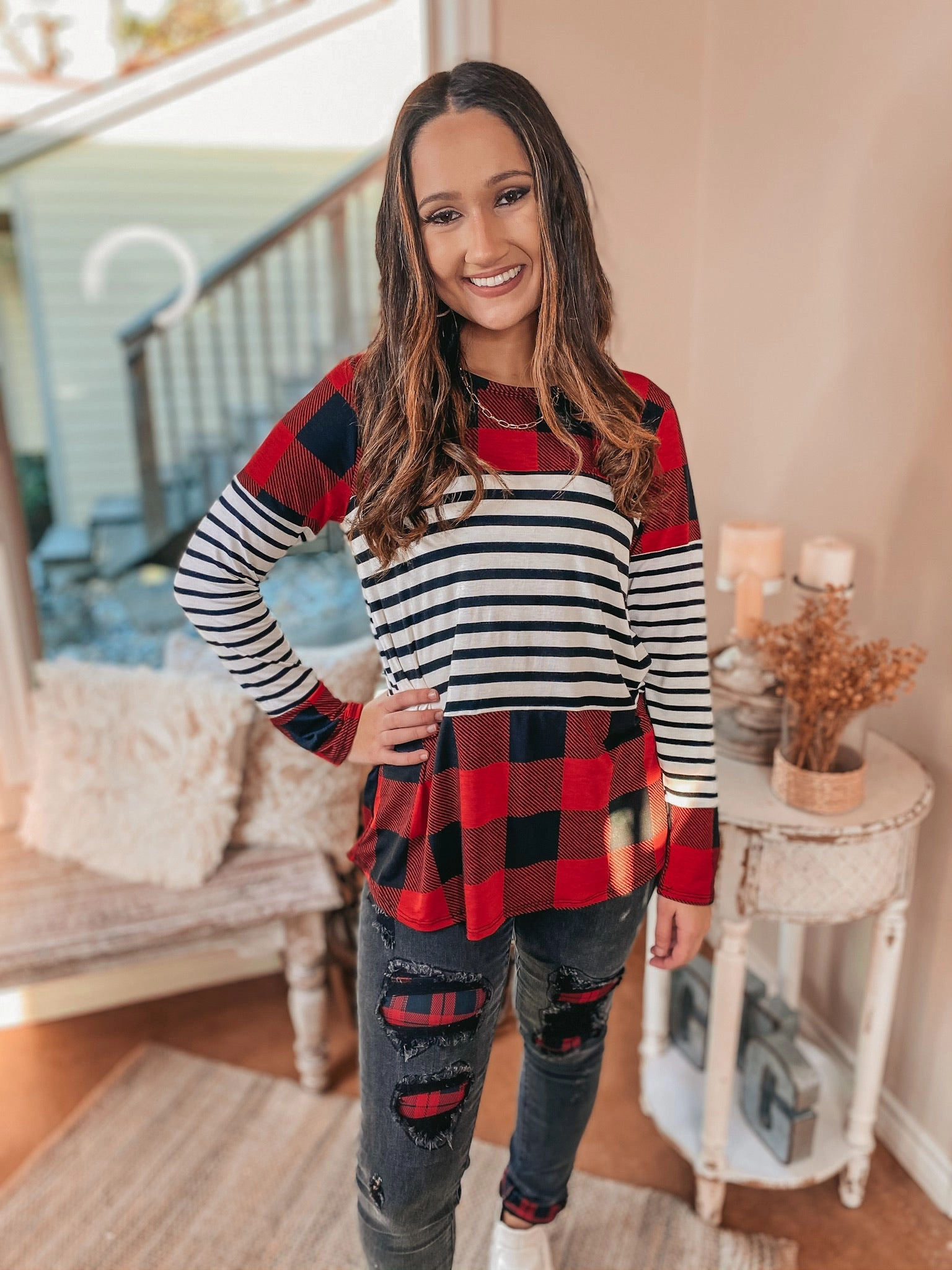 River Core Last Chance Size Small, Medium & 3XL | Cozy Cabin Vibes Buffalo Plaid and Striped Print Block Top in Red, Ivory, and Black