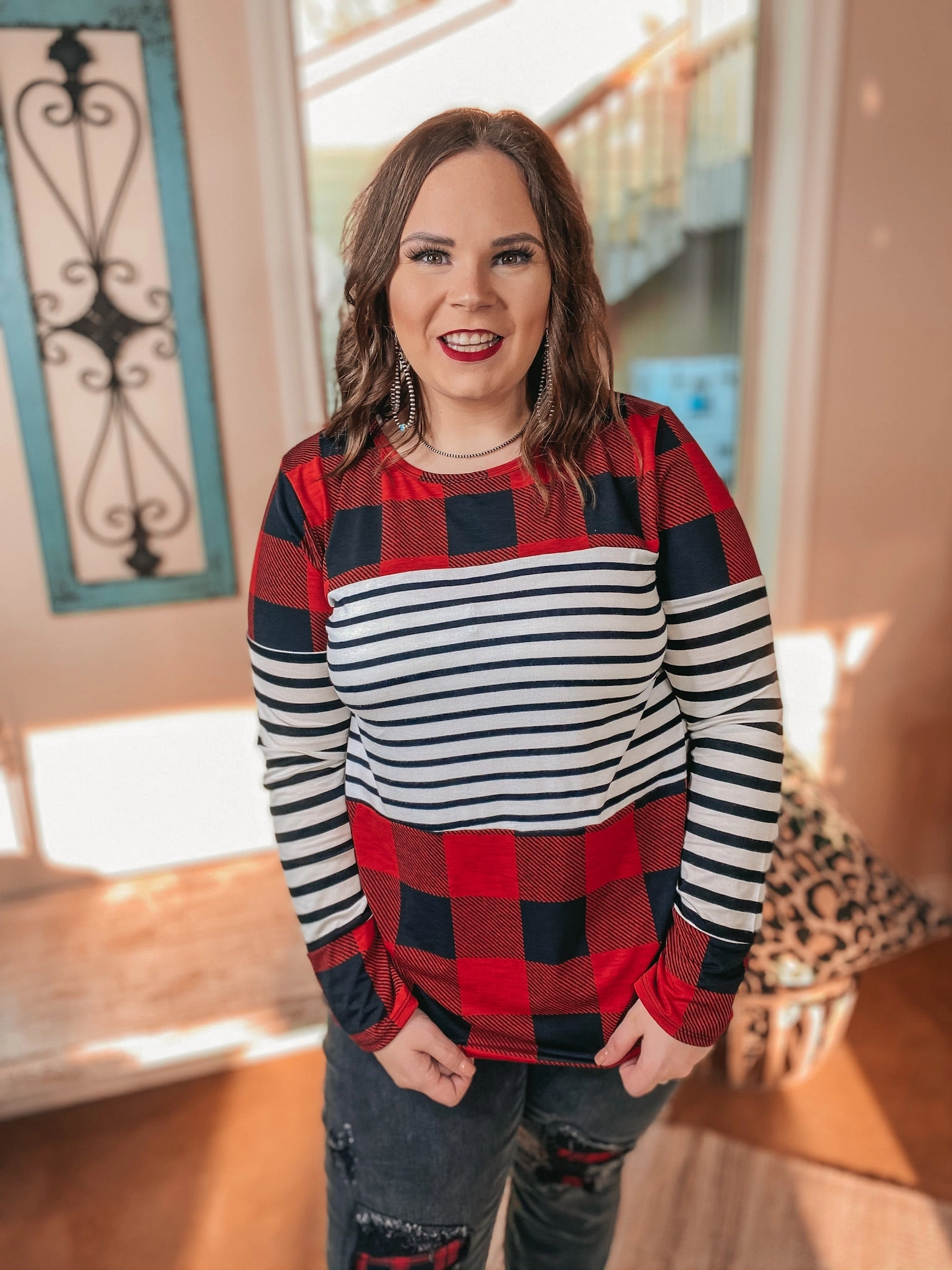 Last Chance Size Small, Medium & 3XL | Cozy Cabin Vibes Buffalo Plaid and Striped Print Block Top in Red, Ivory, and Black Plane Mood