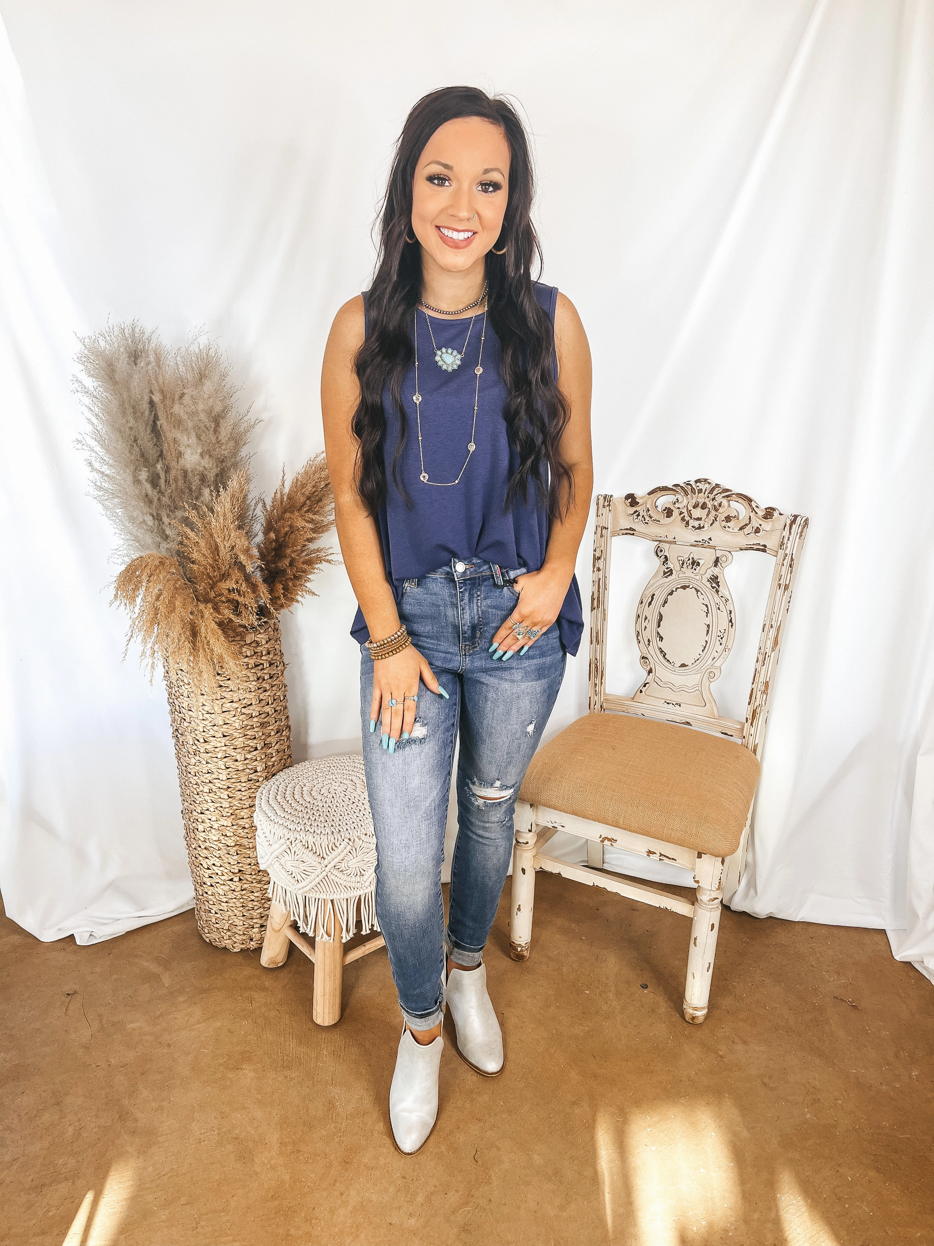 Give Me Joy Solid Knit A-Line Tank Top in Dusty Navy Blue Travel Light Casual Bottoms