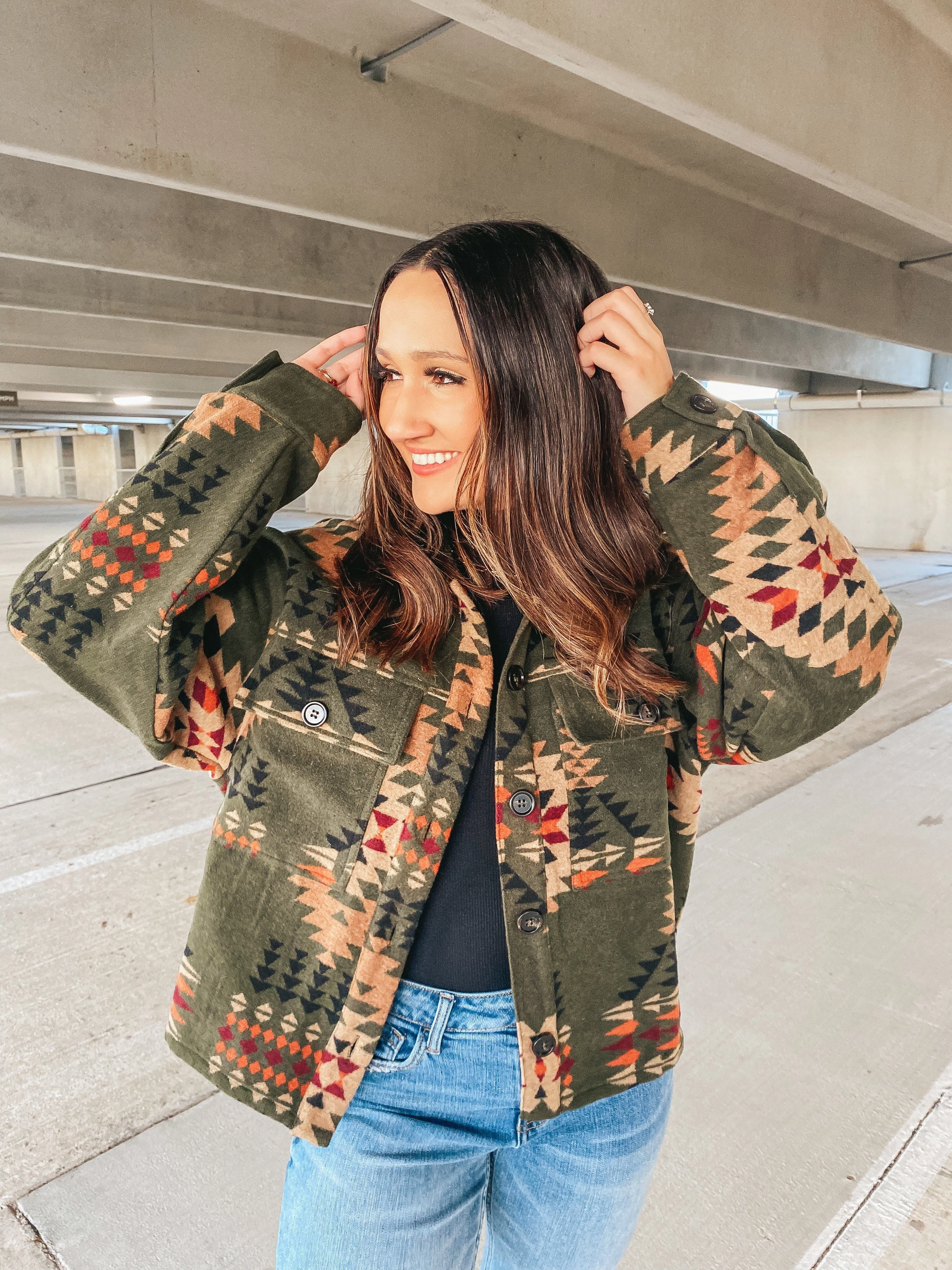 NonRestrictive Cut Smile Glow S'mores Weather Aztec Print Button Up Jacket in Olive Green