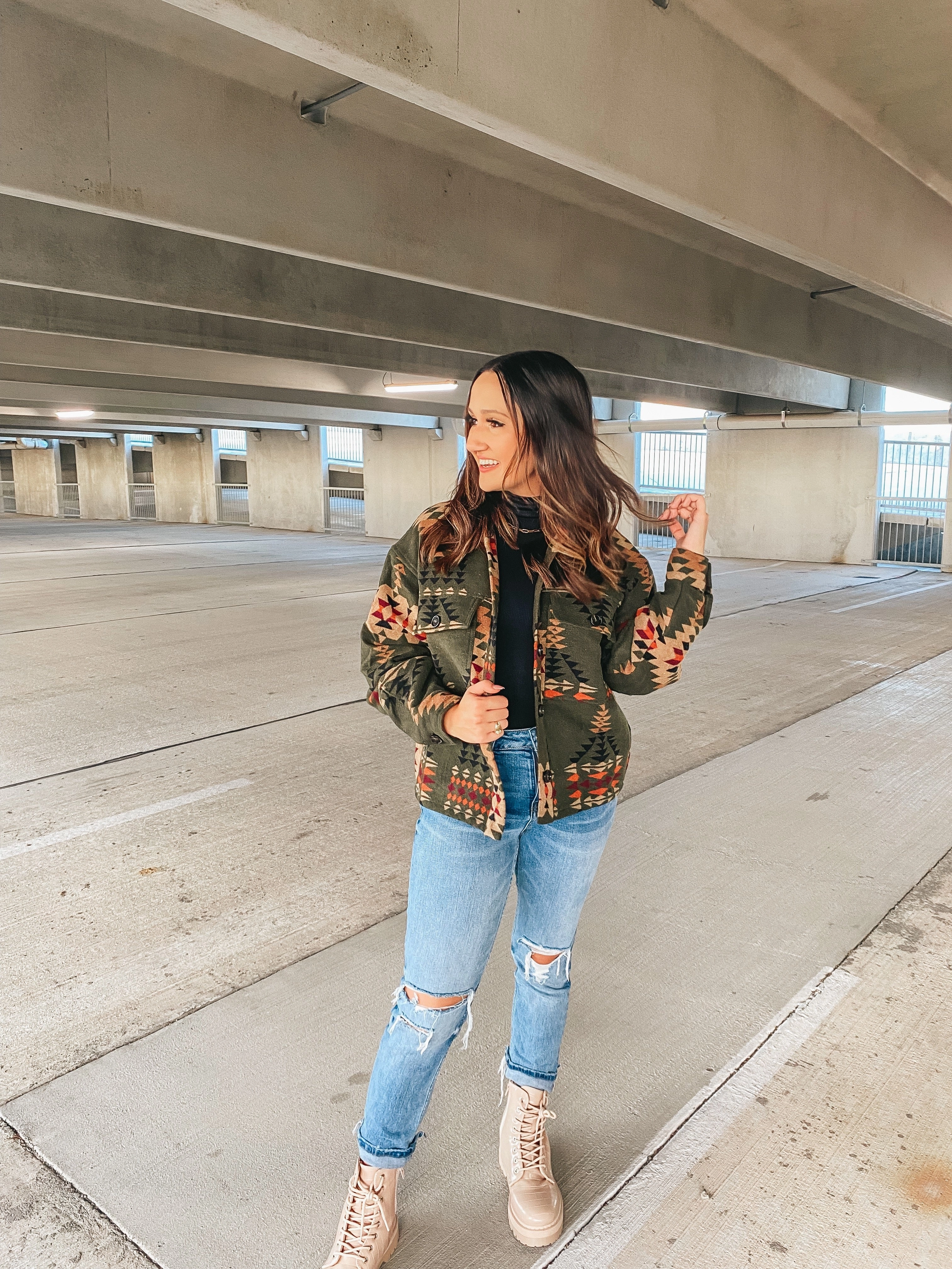 AntiClingFabric S'mores Weather Aztec Print Button Up Jacket in Olive Green