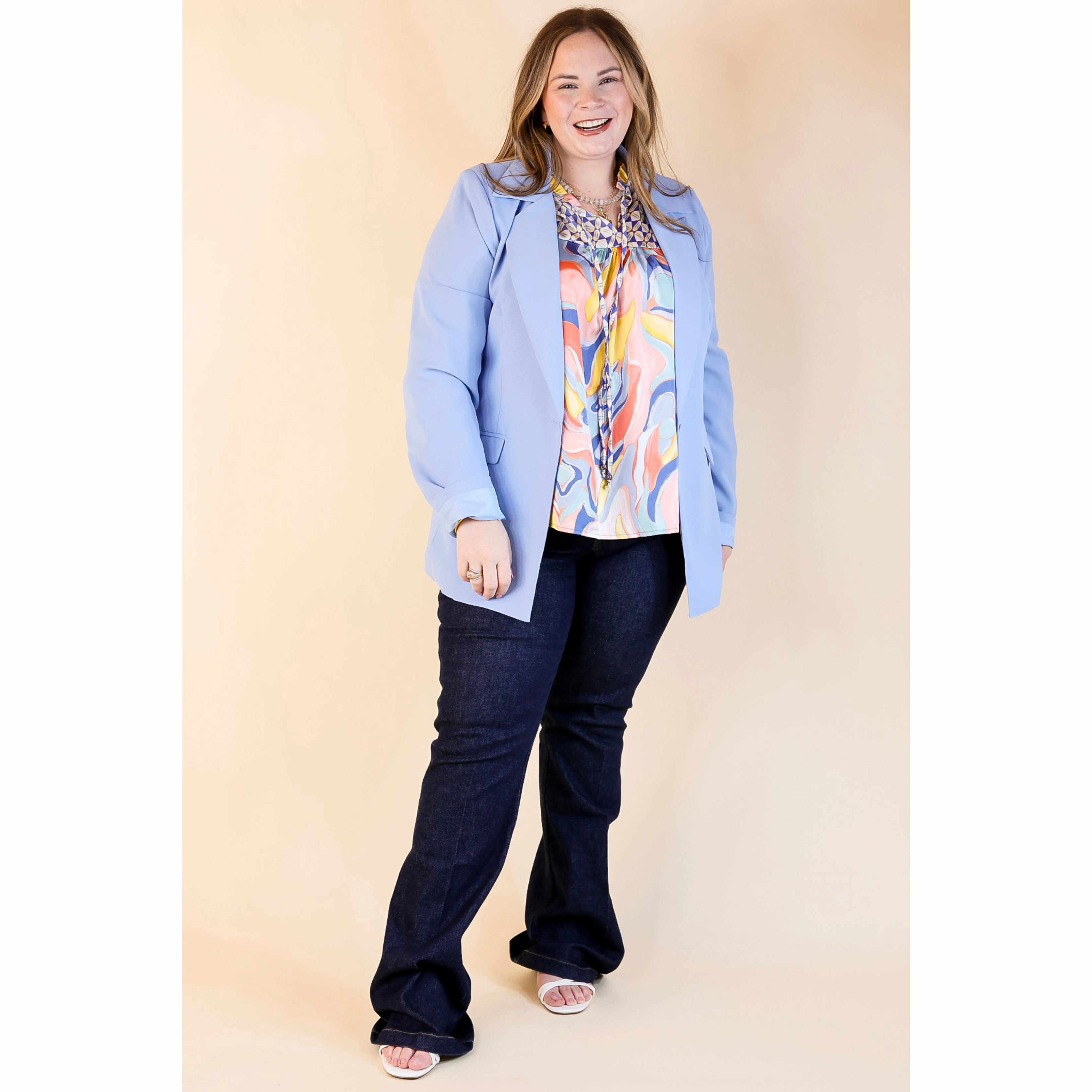 Tall friendly Winning Awards Long Sleeve Blazer in Periwinkle Blue