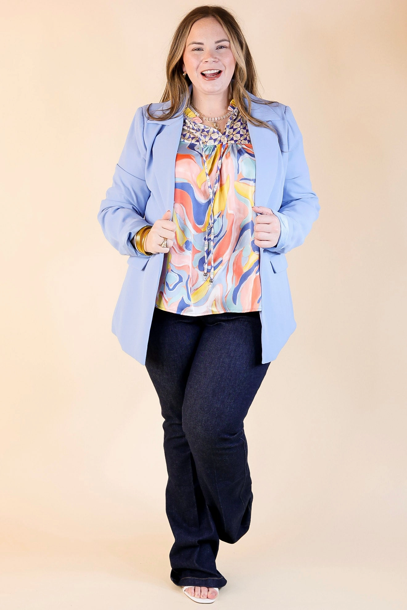 Button Down Design High-End Fashion Winning Awards Long Sleeve Blazer in Periwinkle Blue