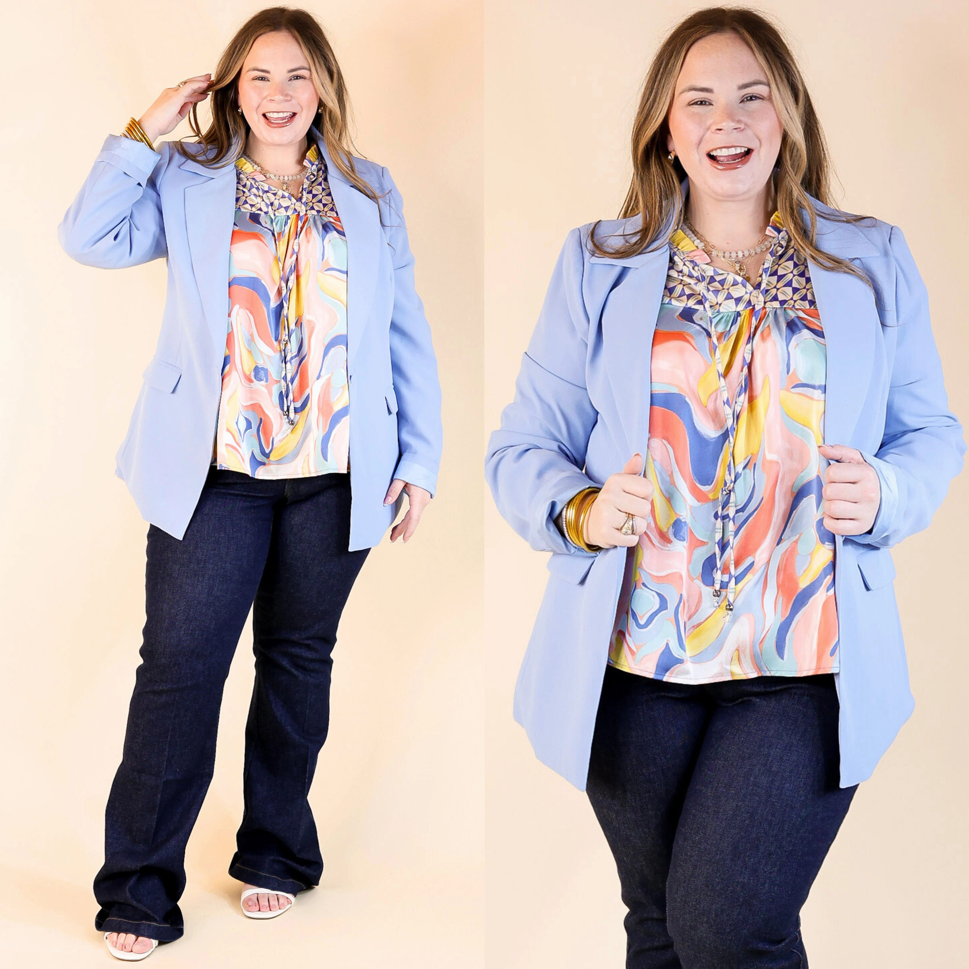 Winning Awards Long Sleeve Blazer in Periwinkle Blue Non Chafe Seams