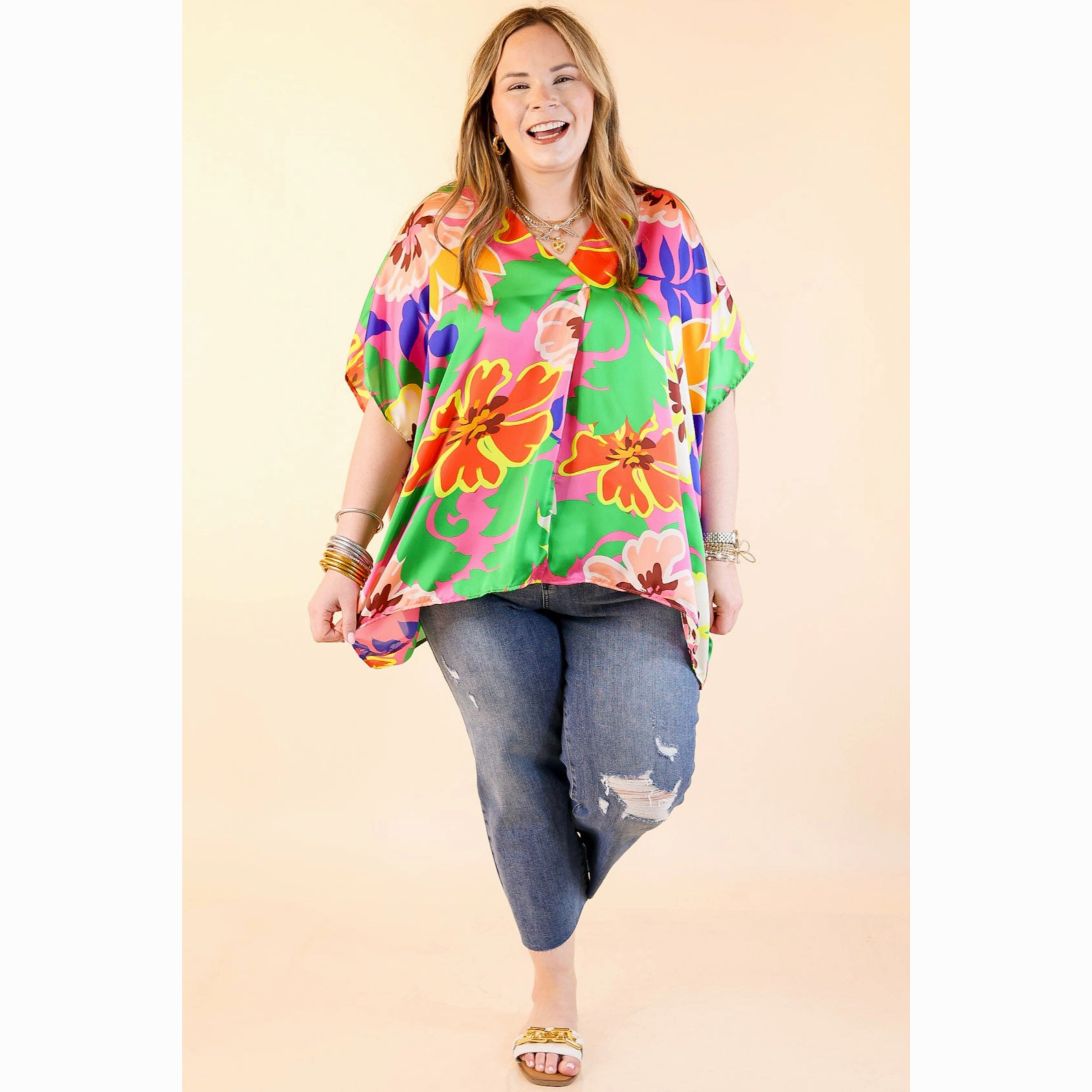 Weekend Out V Neck Placket Floral Short Sleeve Top in Pink Mix hypoallergenic material Loose Comfort