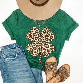 Luck of the Irish Leopard Print Clover Short Sleeve Tee Shirt in Green Zero Waste Versatile Design