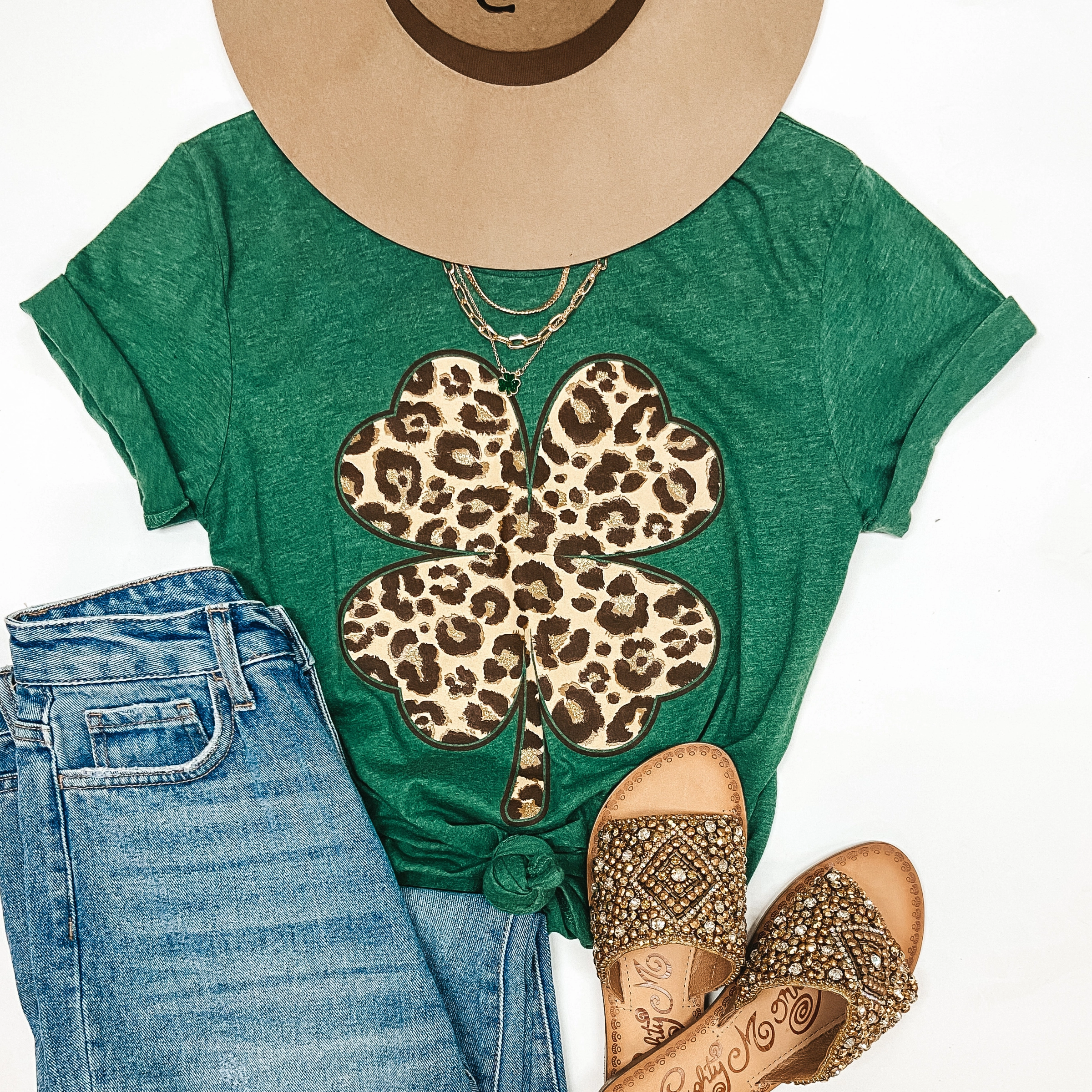 Luck of the Irish Leopard Print Clover Short Sleeve Tee Shirt in Green Modern Boots
