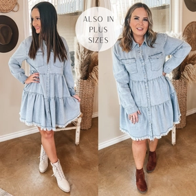 Smooth Edge Binding Sheer Glow Worth the Wait Ruffle Tiered Button Up Dress with Long Sleeves in Light Wash