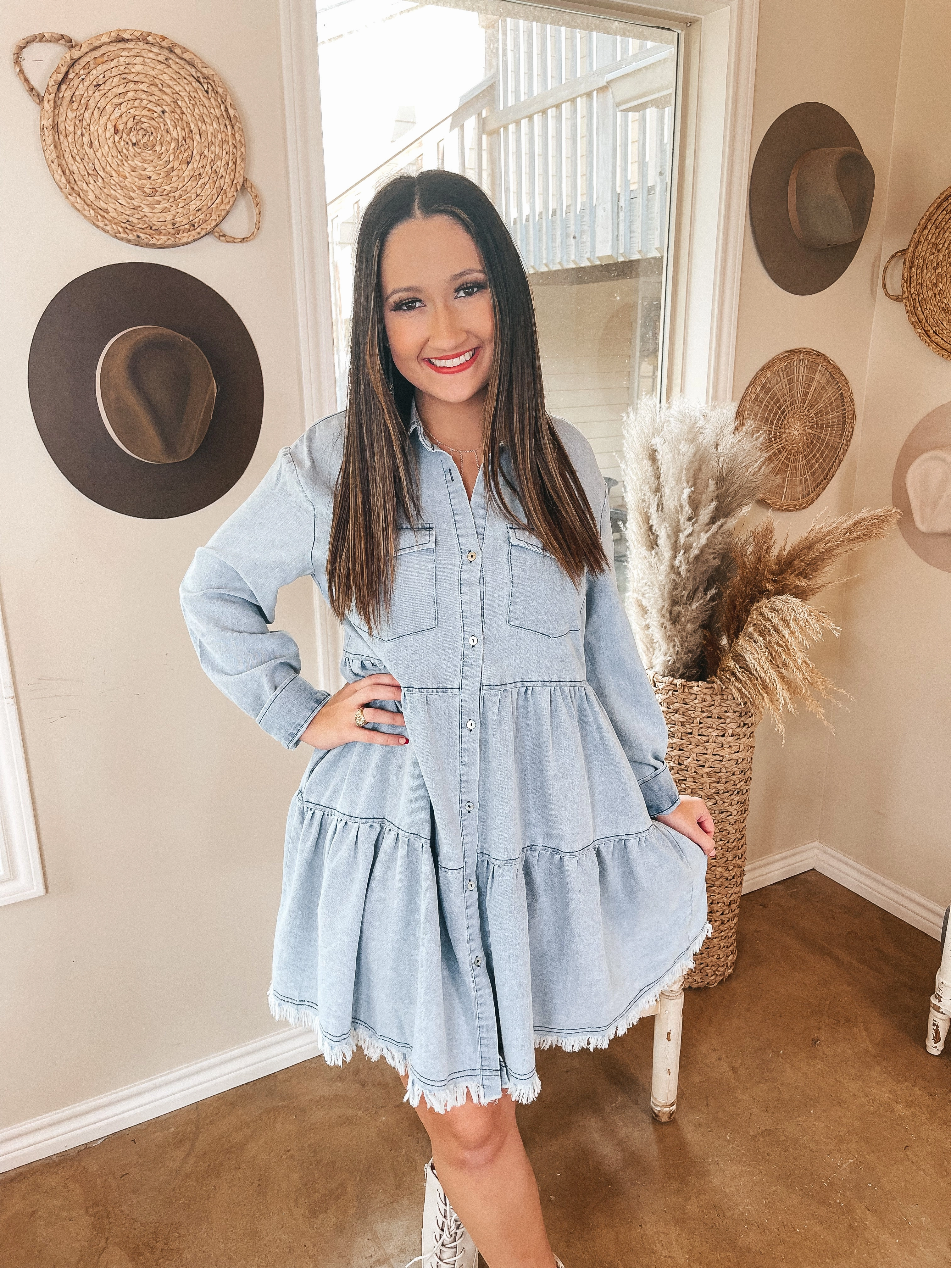 Worth the Wait Ruffle Tiered Button Up Dress with Long Sleeves in Light Wash Carry Ease
