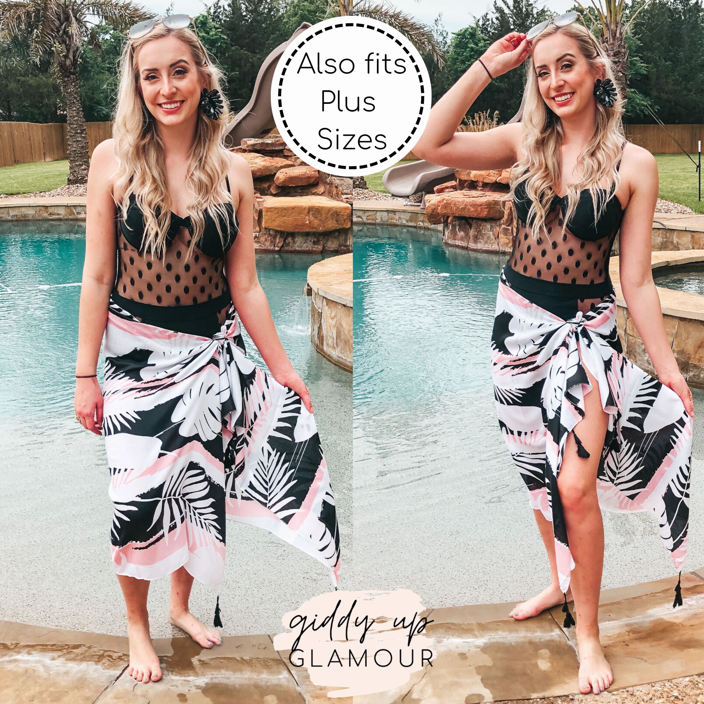 AbrasionResistantThread Easy Cool Wrapped Around You Palm Leaf Sarong With Tassels in Pink and Black