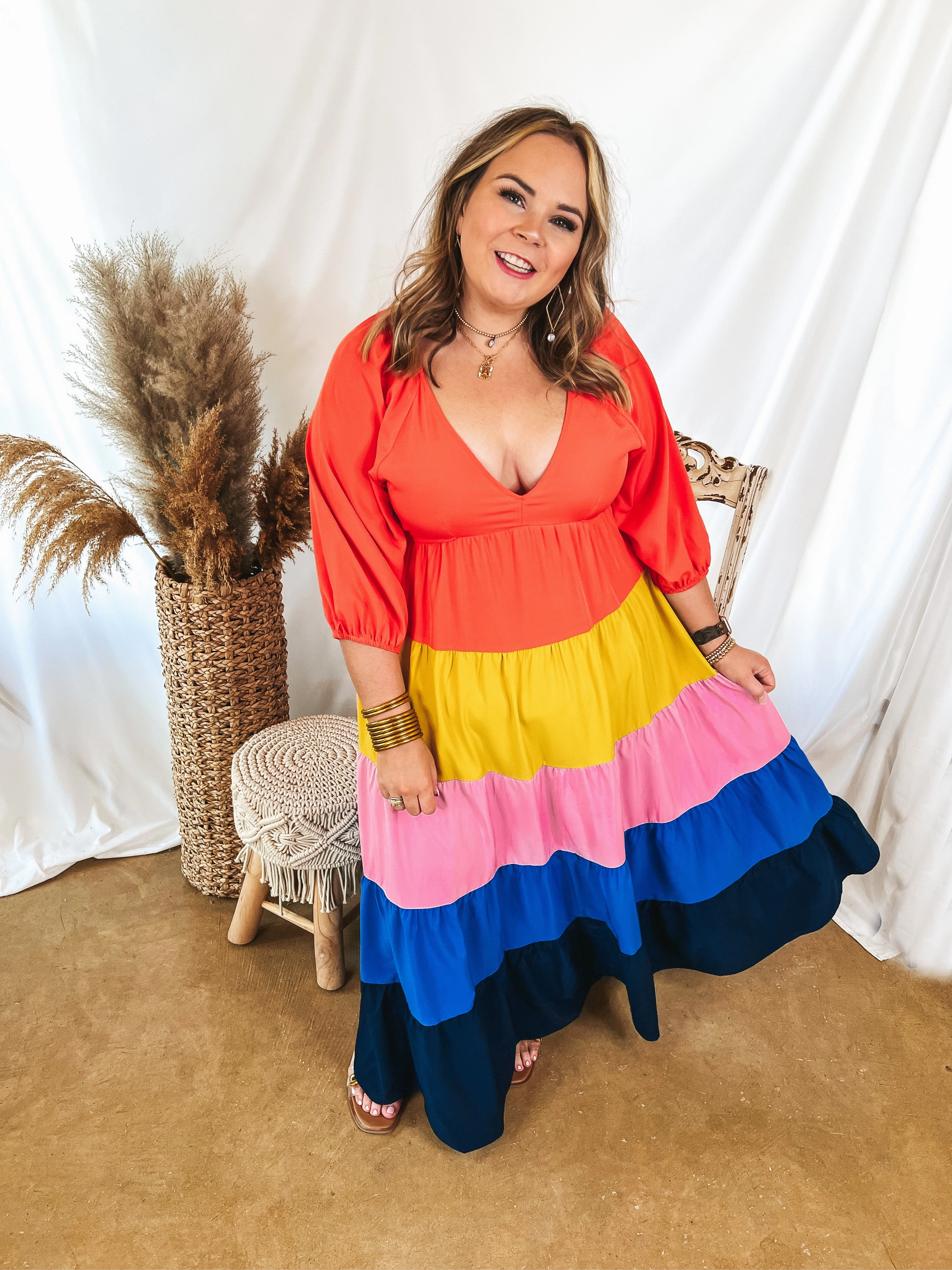 Last Chance Size Small | Coral Reef V Neck Striped Maxi Dress in Coral Orange Mix BreathableFabric