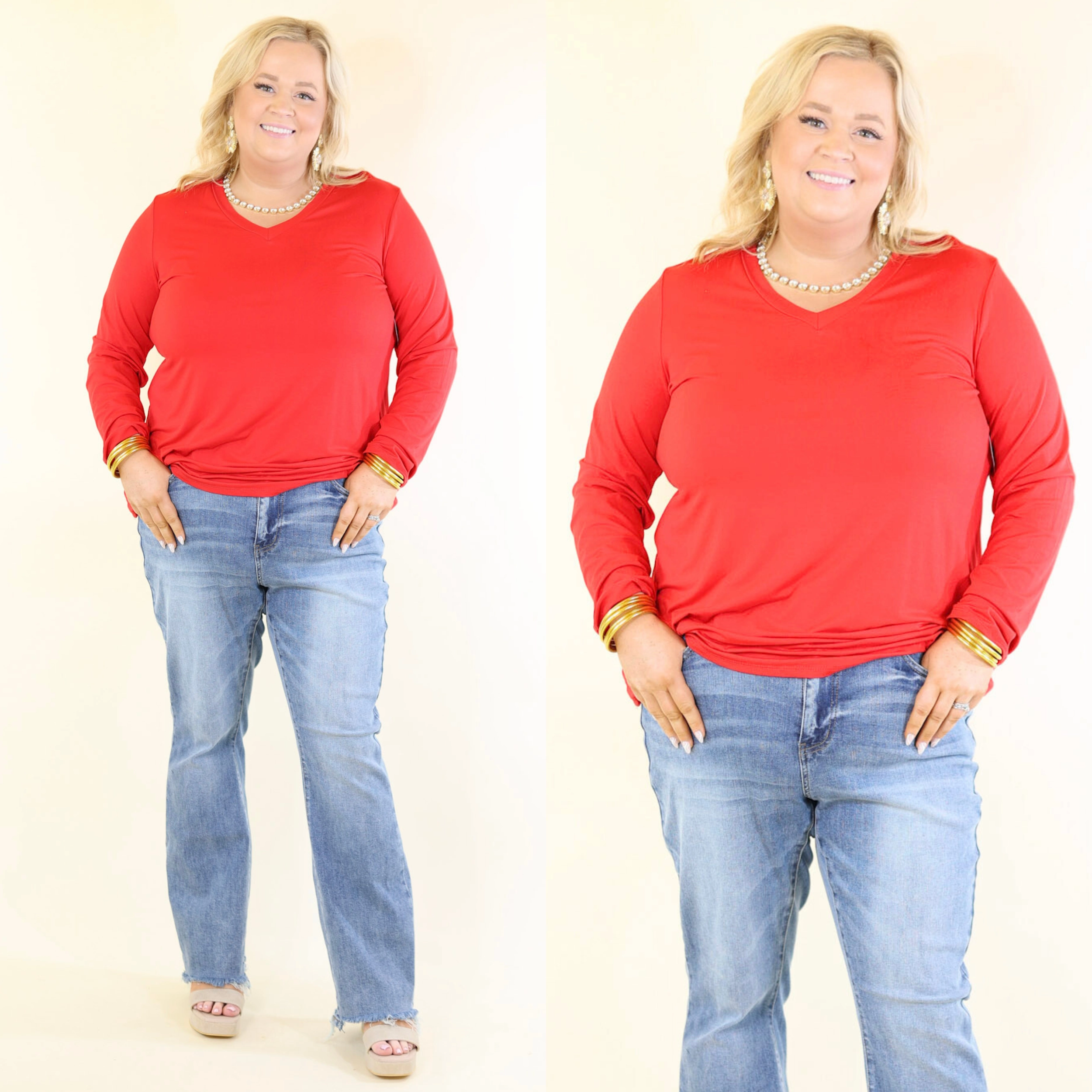 Plus Size | It's That Simple Solid V Neck Long Sleeve Tee in Red Brushed Inner Layer