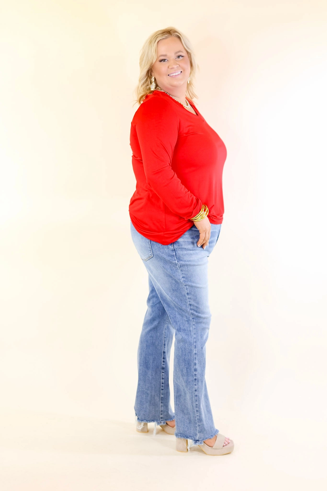 Plus Size | It's That Simple Solid V Neck Long Sleeve Tee in Red TemperatureRegulating Material VentilatedBack