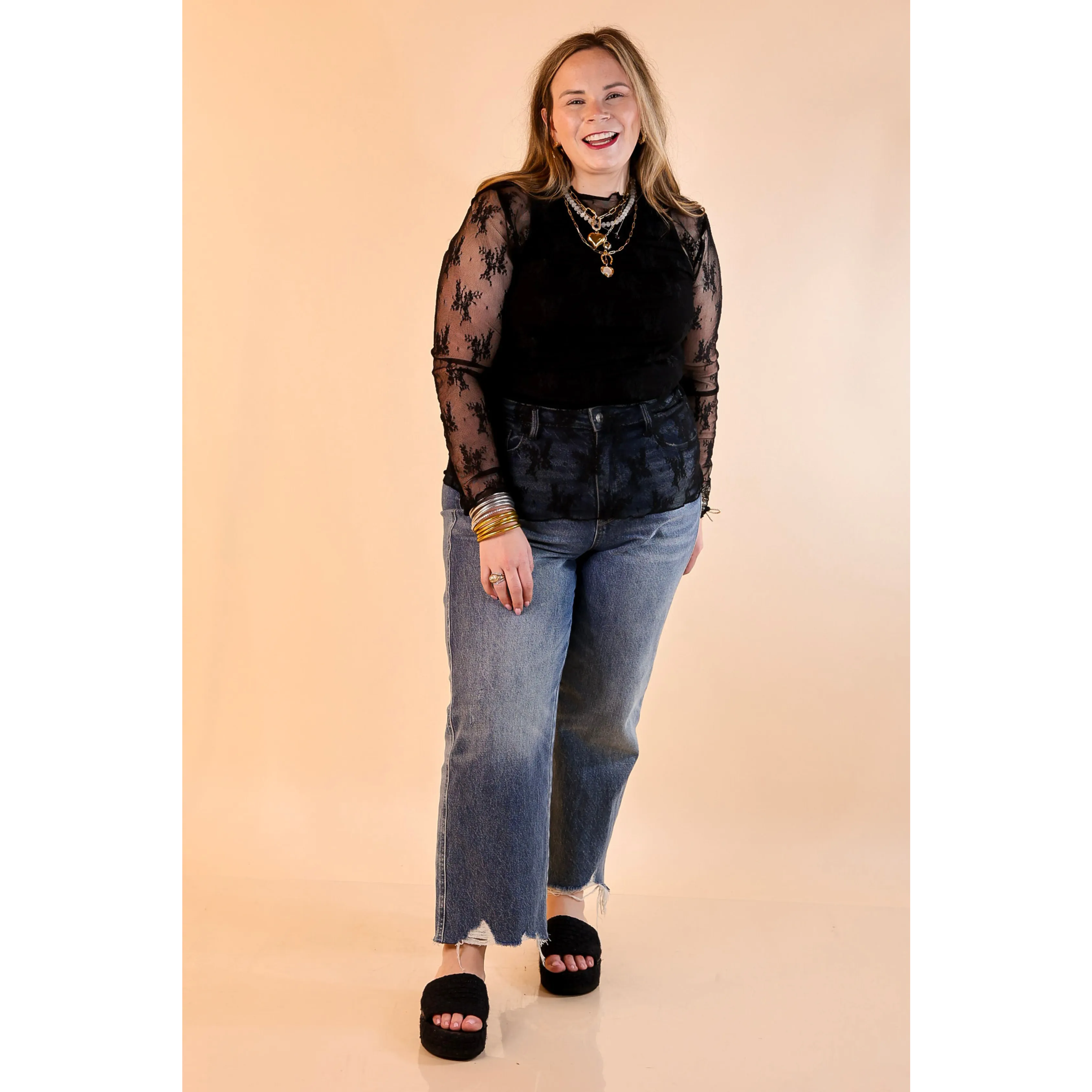 Delicate Charm Long Sleeve Sheer Lace Top with Mock Neck in Black ThermalInsulation UVProtection Coating