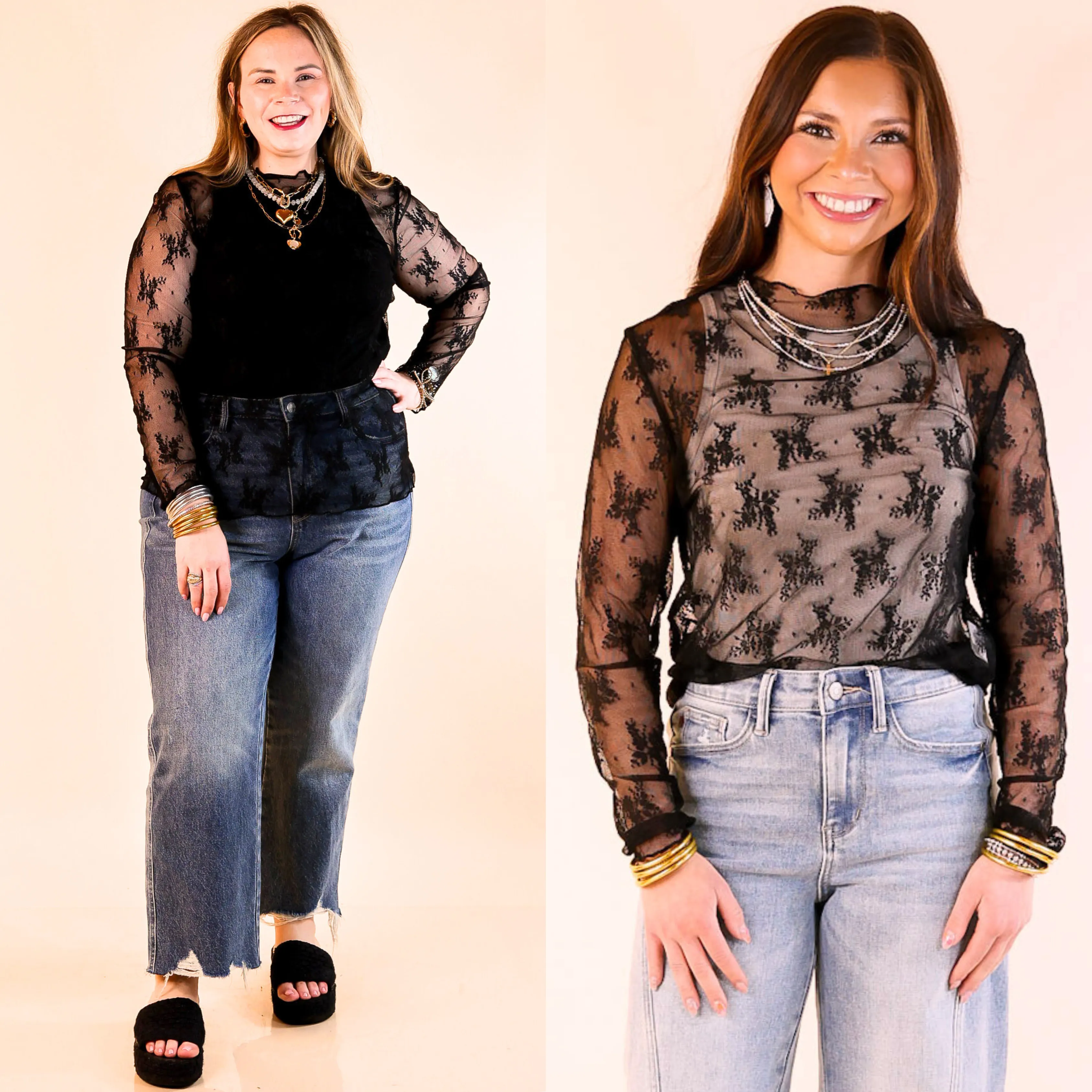 Delicate Charm Long Sleeve Sheer Lace Top with Mock Neck in Black SoftTouchFinish