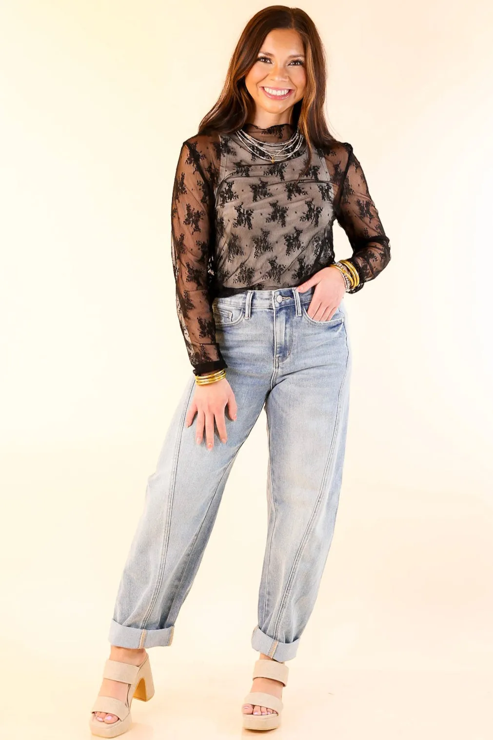 Delicate Charm Long Sleeve Sheer Lace Top with Mock Neck in Black Ergonomic Pattern Design