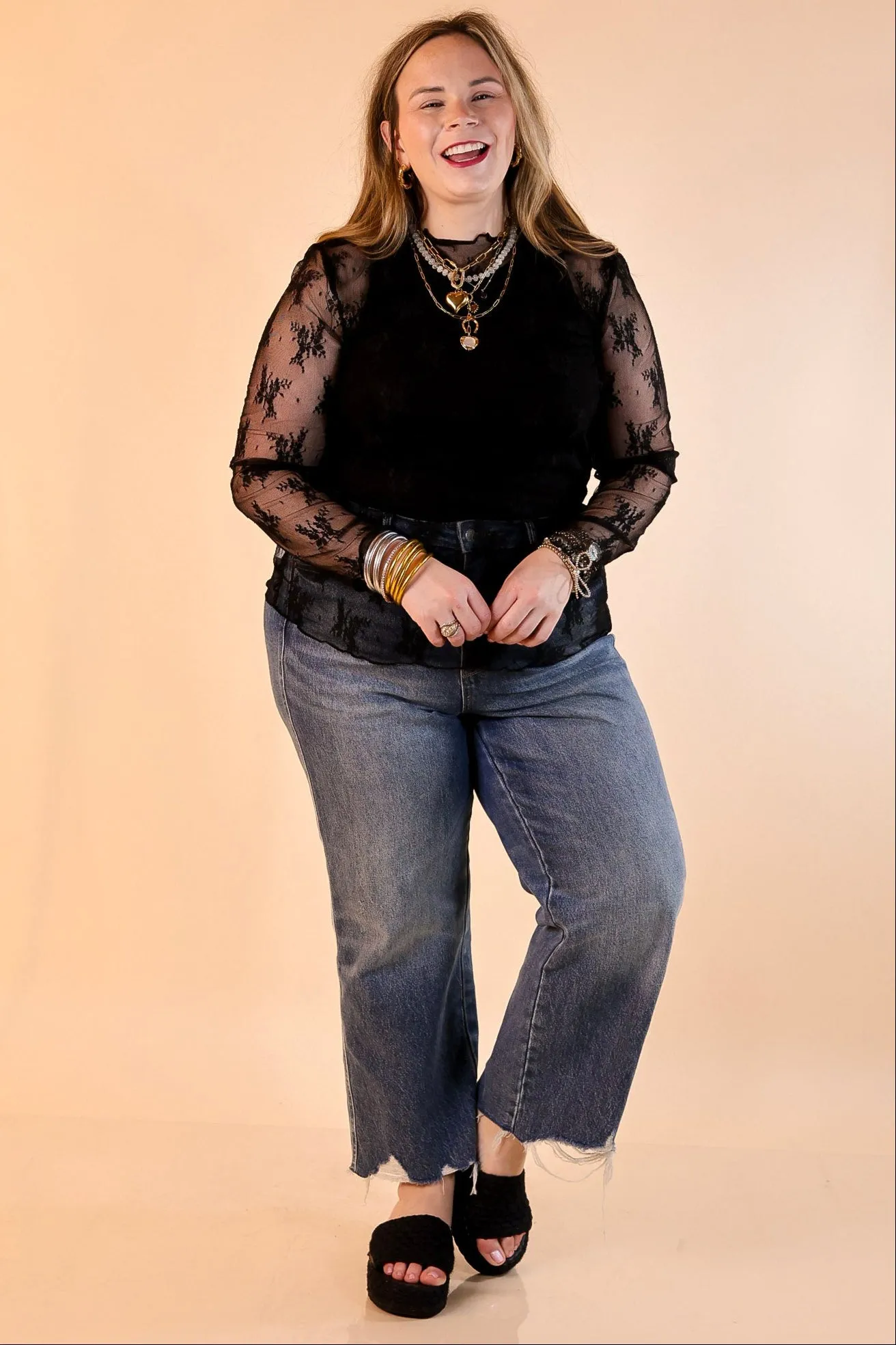 Fashionable Shirt Bohemian style Delicate Charm Long Sleeve Sheer Lace Top with Mock Neck in Black