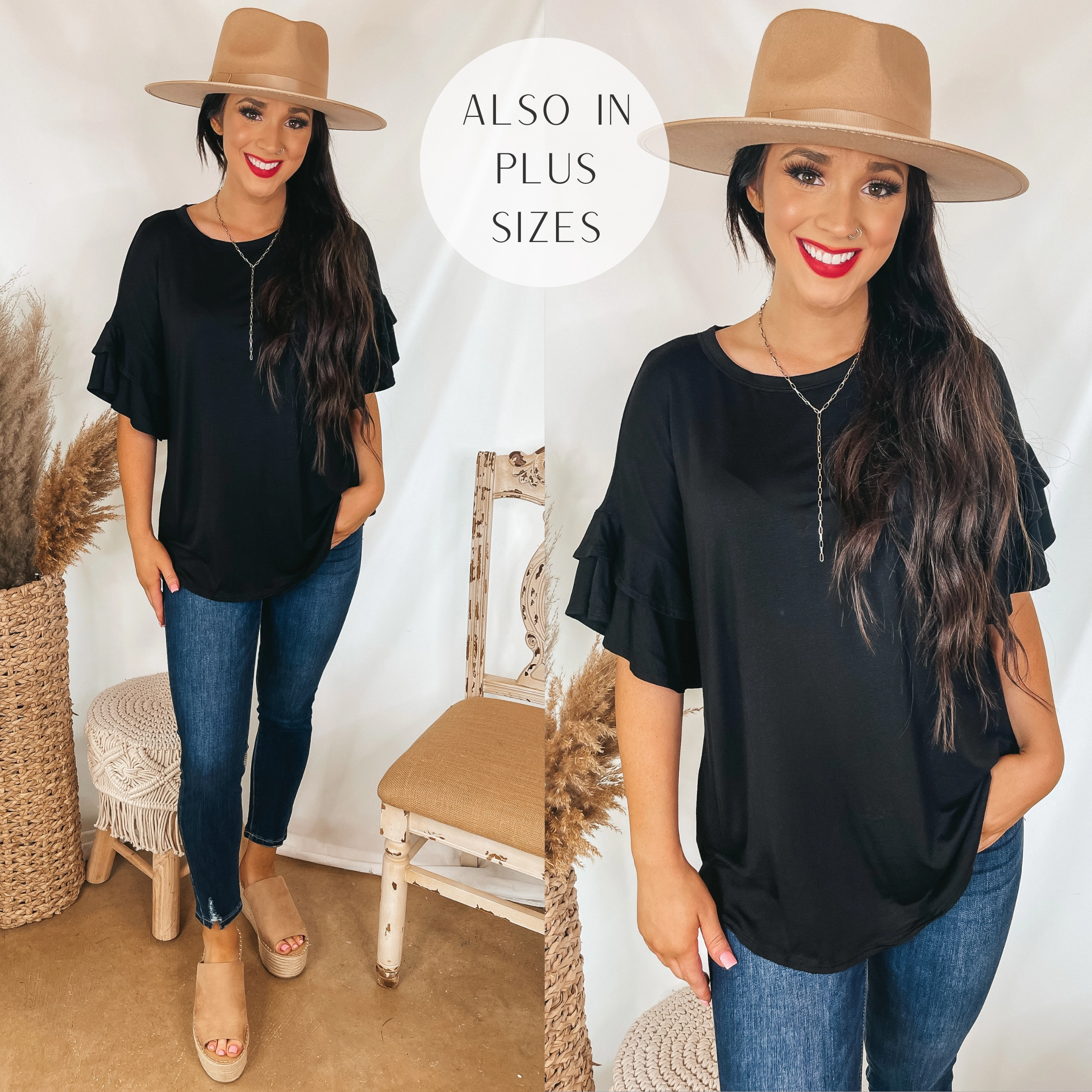 Festival Air HighVisibility Trim Set The Standard Solid Short Sleeve Top with Ruffled Sleeves in Black