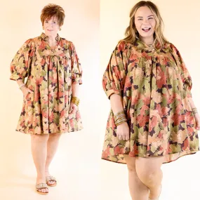 Stylish Jumper Endless Possibilities Floral Babydoll Dress with Puff Sleeves in Beige, Navy and Rust