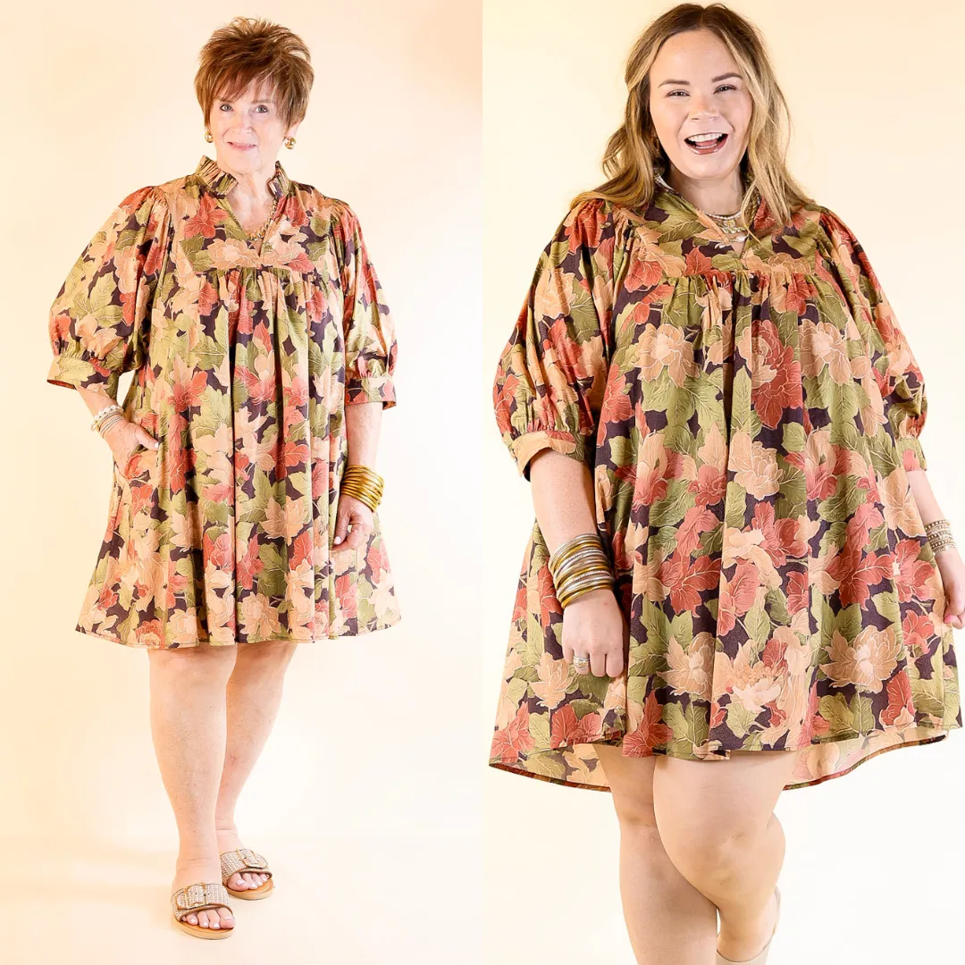 Stylish Jumper Endless Possibilities Floral Babydoll Dress with Puff Sleeves in Beige, Navy and Rust