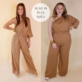 Ready To Wow One Shoulder Wide Leg Jumpsuit in Camel Brown Road Look ShrinkageFree Fabric