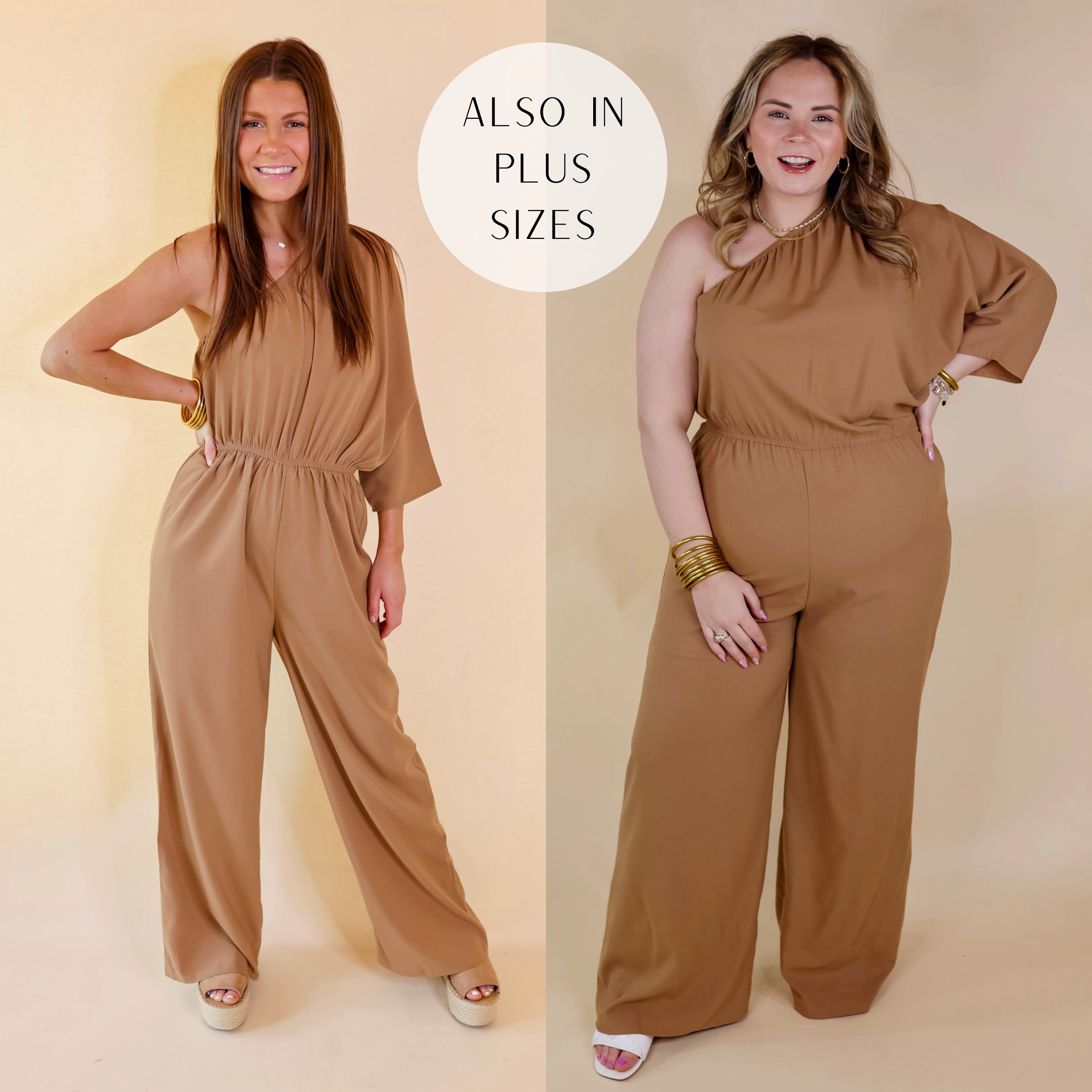 Ready To Wow One Shoulder Wide Leg Jumpsuit in Camel Brown Road Look ShrinkageFree Fabric