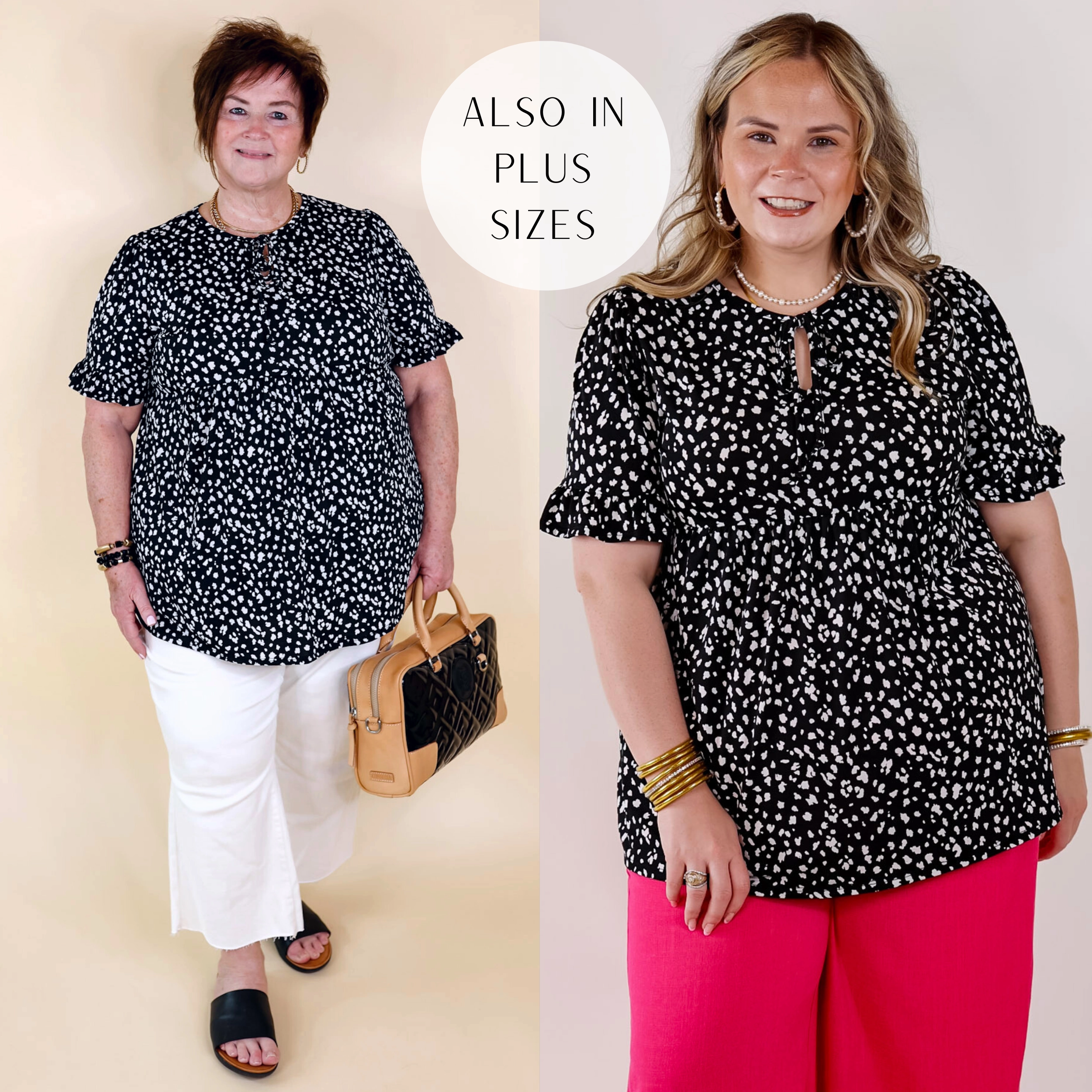 Waiting For A Sign Cheetah Print Babydoll Top with Keyhole and Tie Neckline in Black Saga Fit Zero Waste