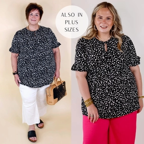 Waiting For A Sign Cheetah Print Babydoll Top with Keyhole and Tie Neckline in Black Saga Fit Zero Waste