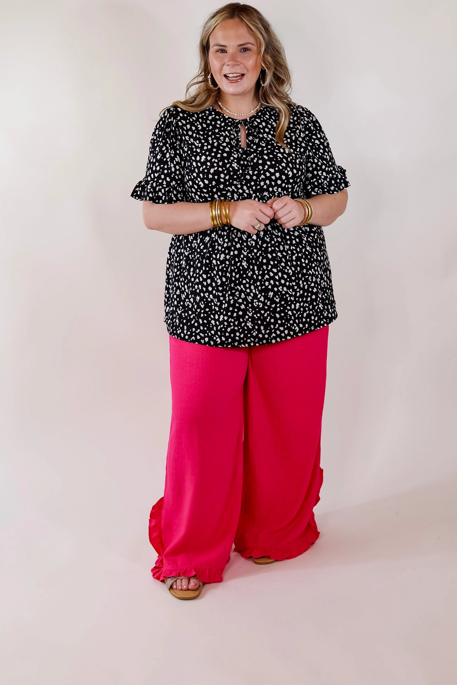 Waiting For A Sign Cheetah Print Babydoll Top with Keyhole and Tie Neckline in Black Relaxed Fashion Light Flow