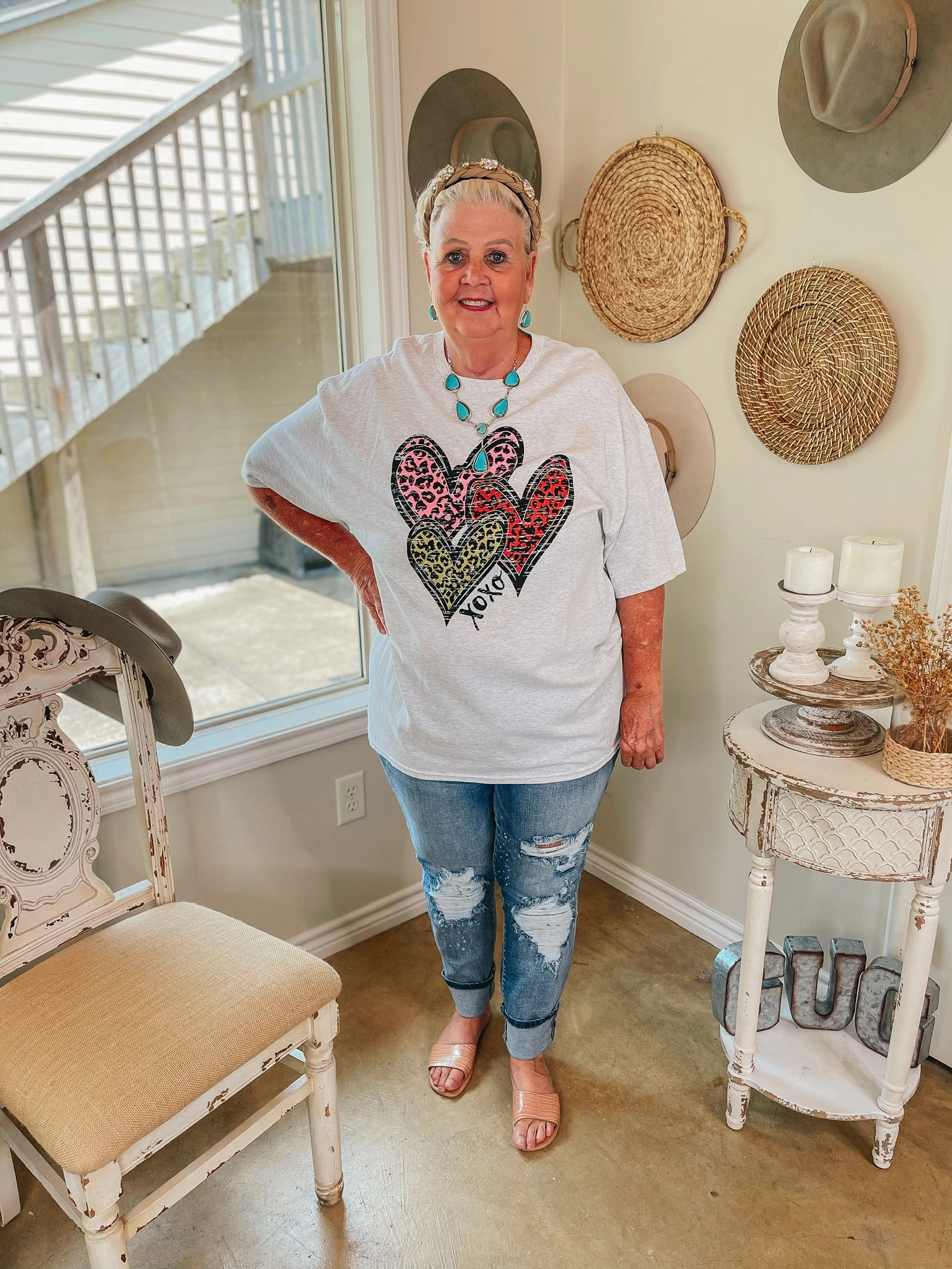 Slim Waistband Wild Hearts Leopard Multi Graphic Tee in Heather Grey