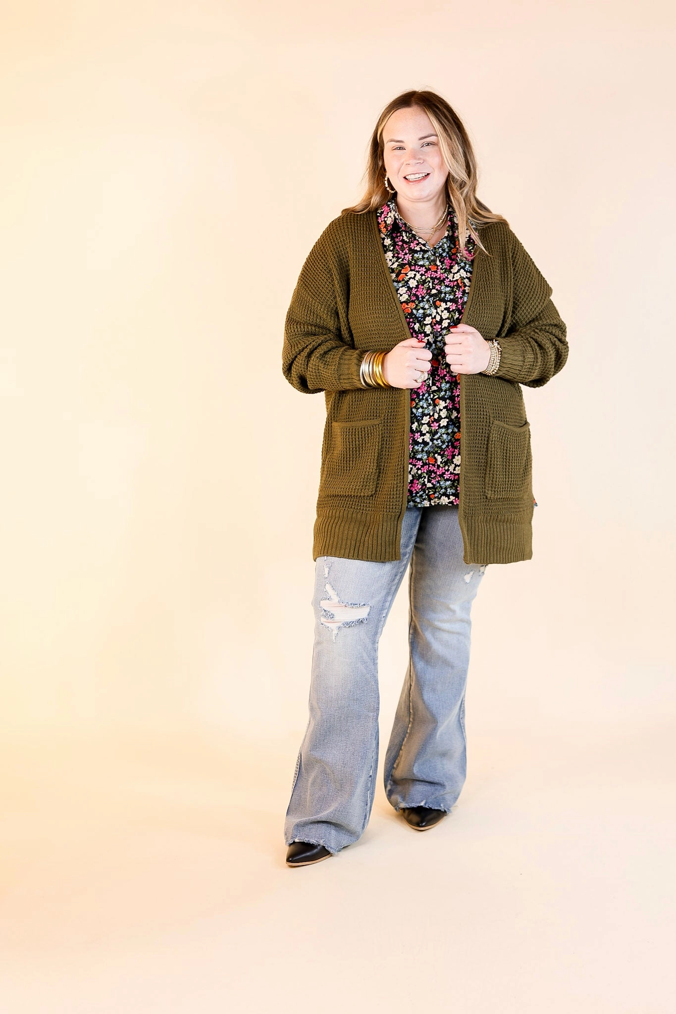 WaterRepellent Finish Cozy Layers Waffle Knit Cardigan in Olive Green