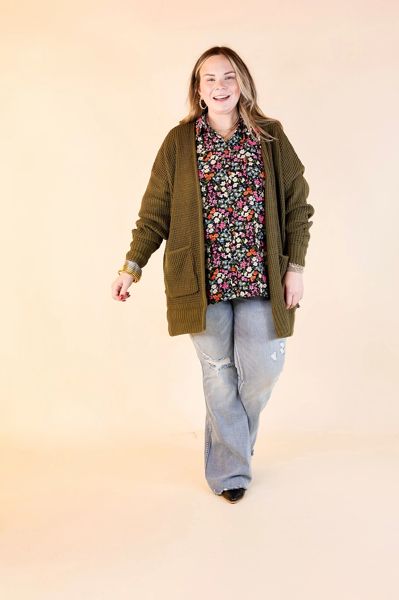 Fashion Statement LayeredCollar Cozy Layers Waffle Knit Cardigan in Olive Green