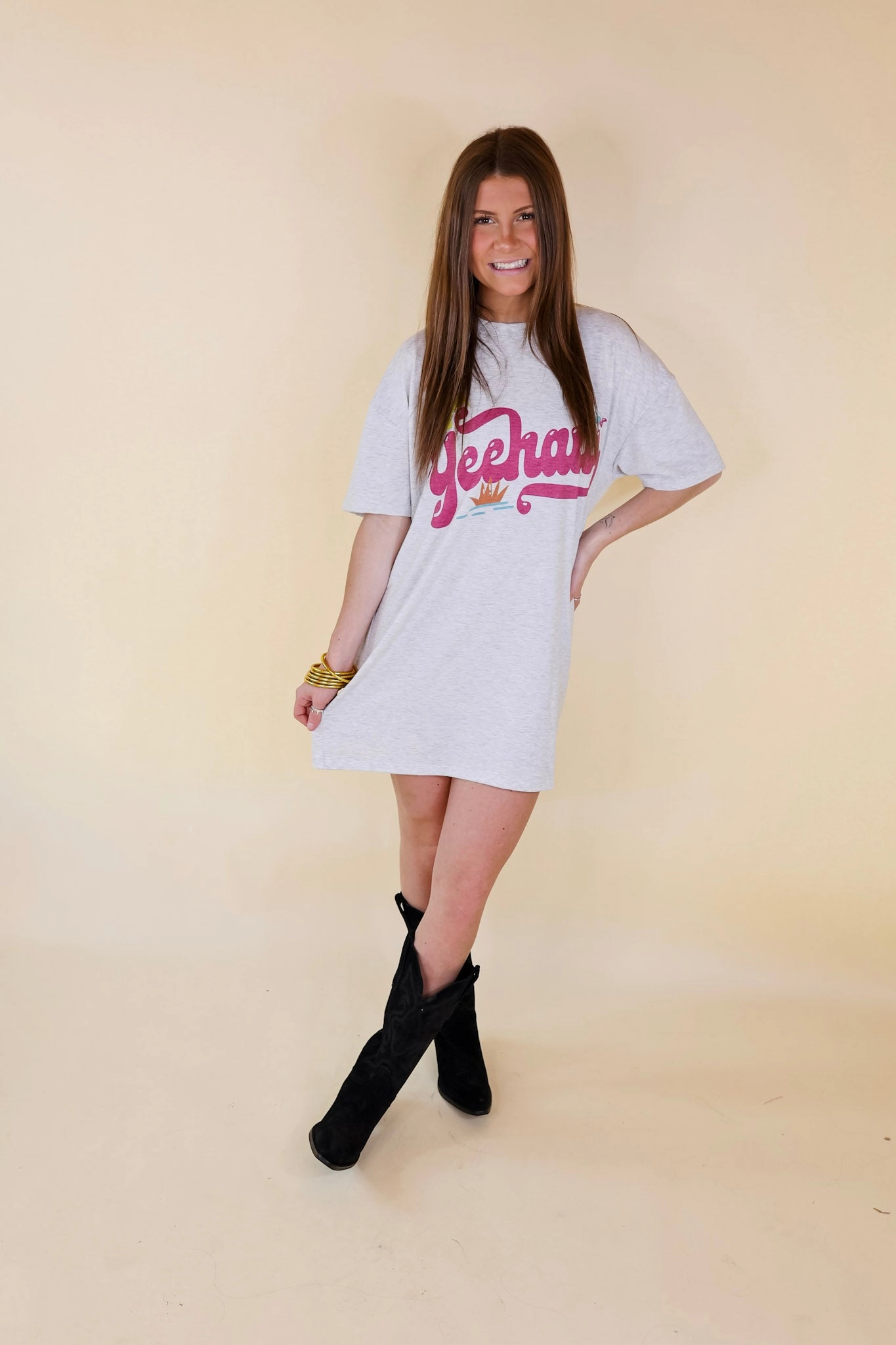 Elastic cuffs YeeHaw Short Sleeve Tee Shirt Dress in Heather Grey