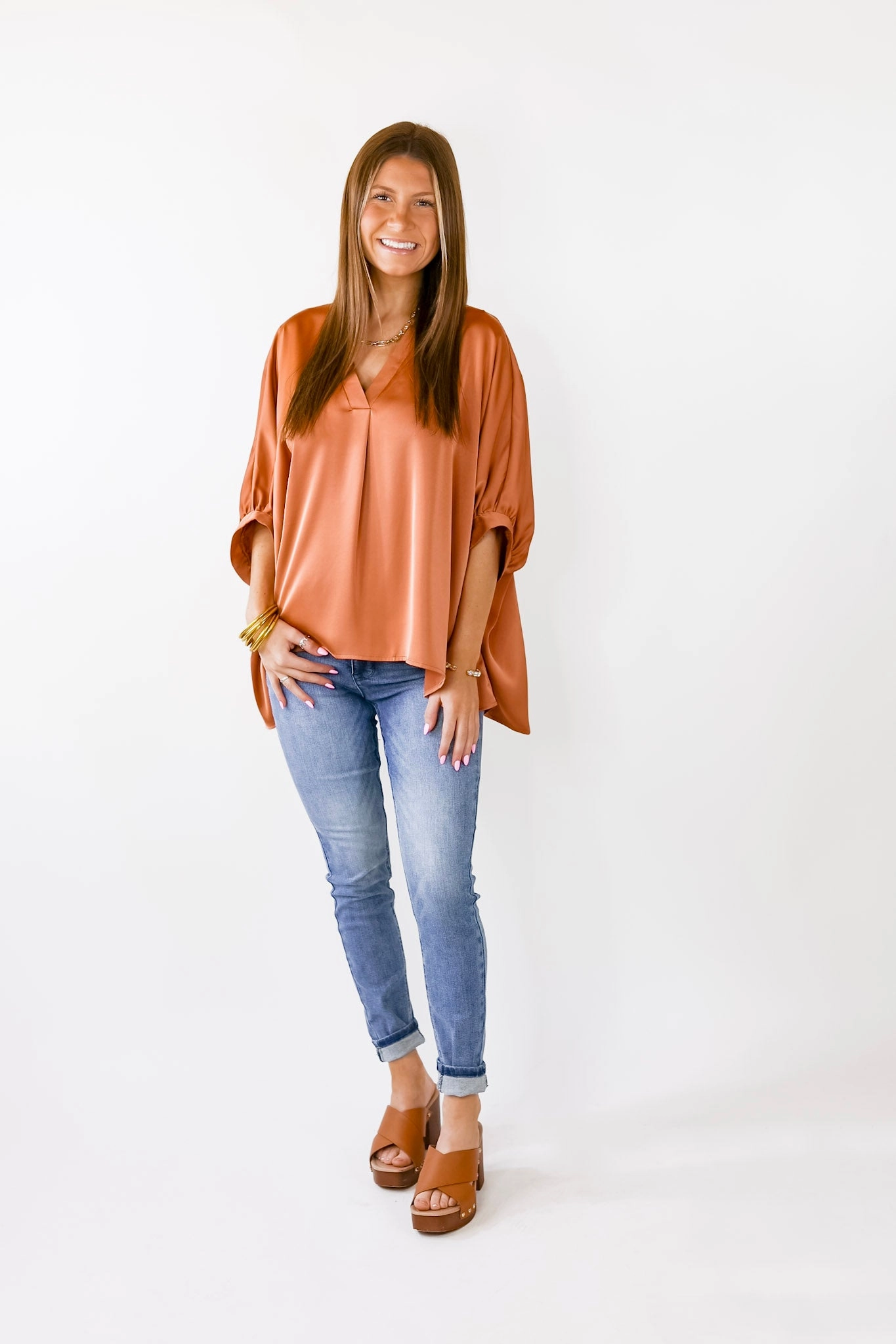 SheerLayeredPanels Irresistibly Chic Half Sleeve Oversized Blouse in Copper