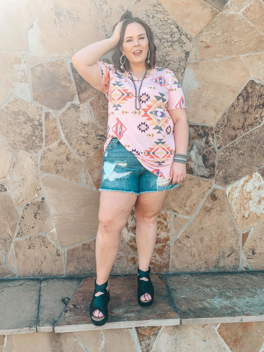 Keep Things Simple Aztec Print V Neck Tee in Dusty Pink Formal Tone