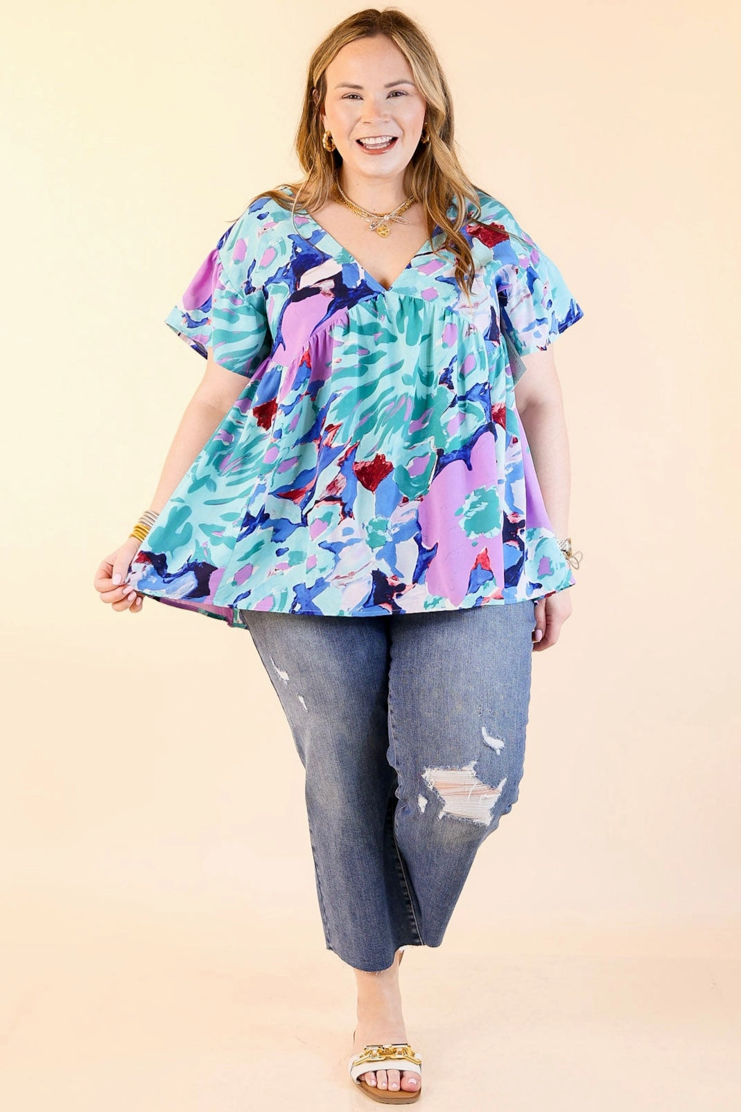 youth trend You Had Me At Aloha Watercolor Floral Top with V Neckline in Aqua Mix