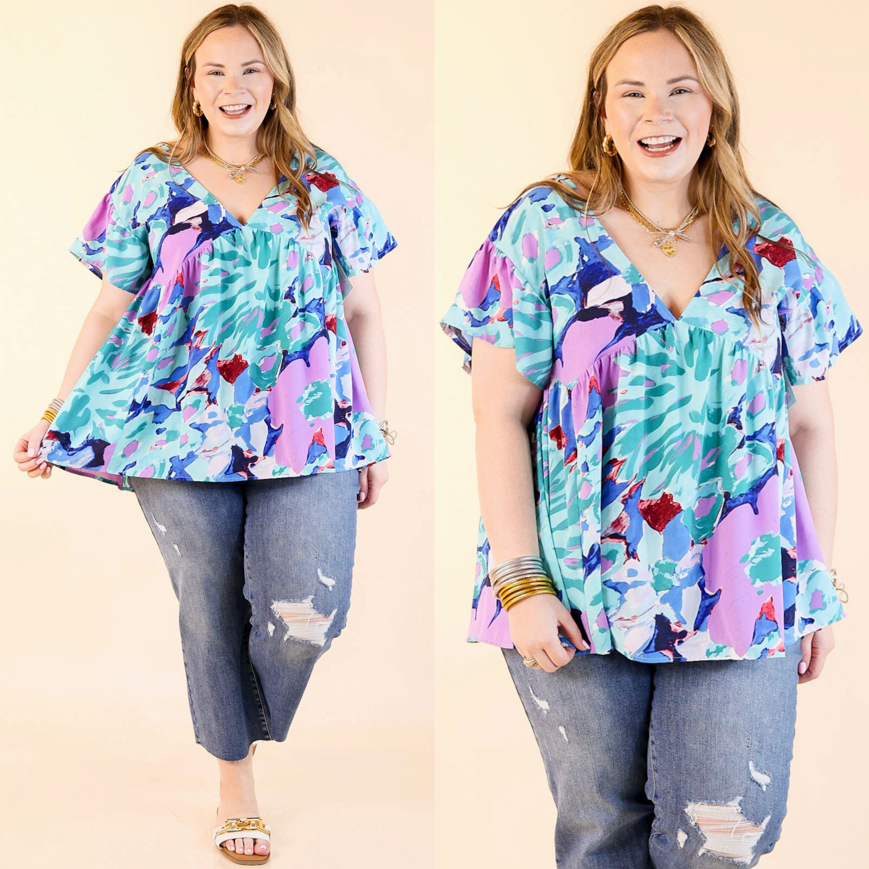 You Had Me At Aloha Watercolor Floral Top with V Neckline in Aqua Mix Road Trip Ready