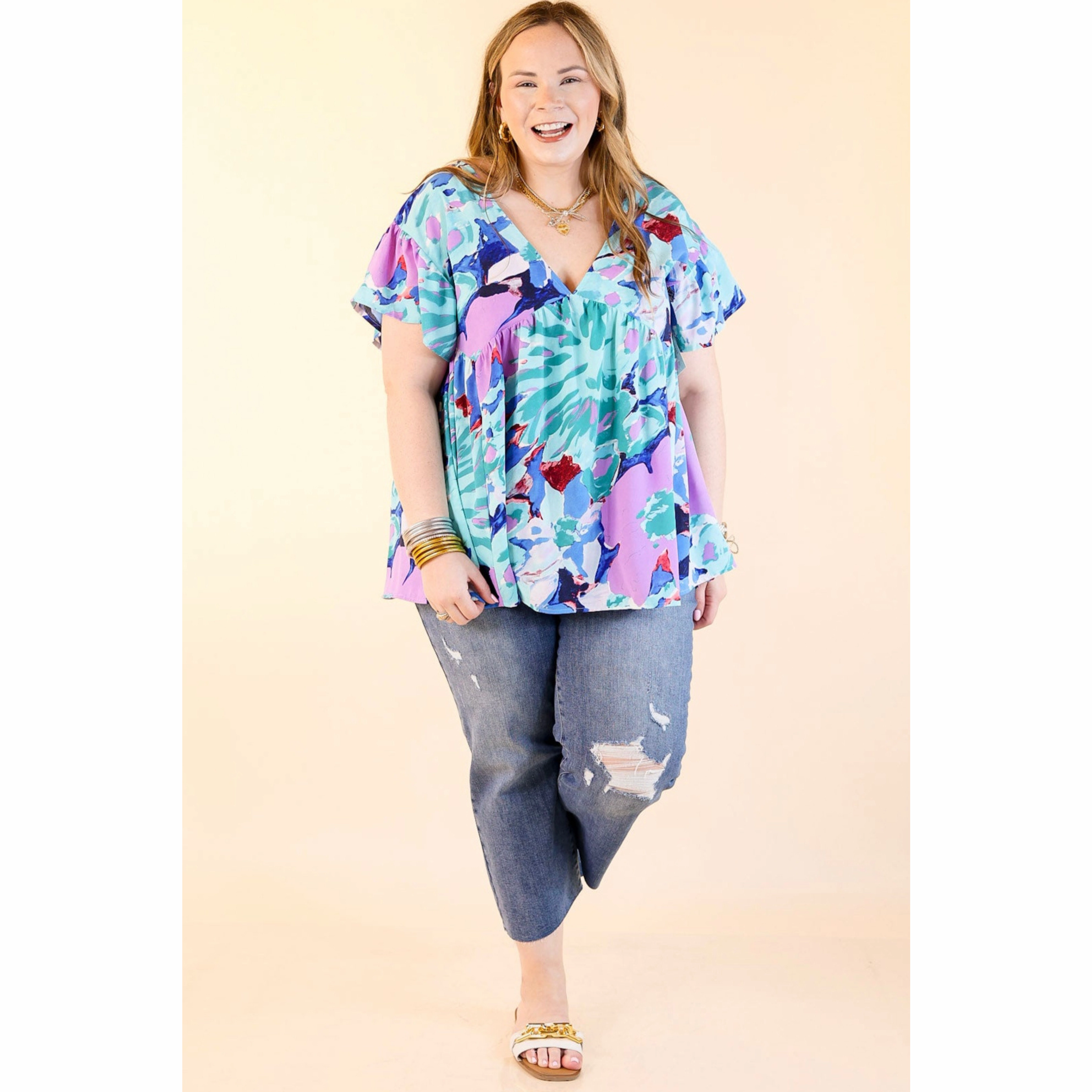 Eco friendly materials You Had Me At Aloha Watercolor Floral Top with V Neckline in Aqua Mix