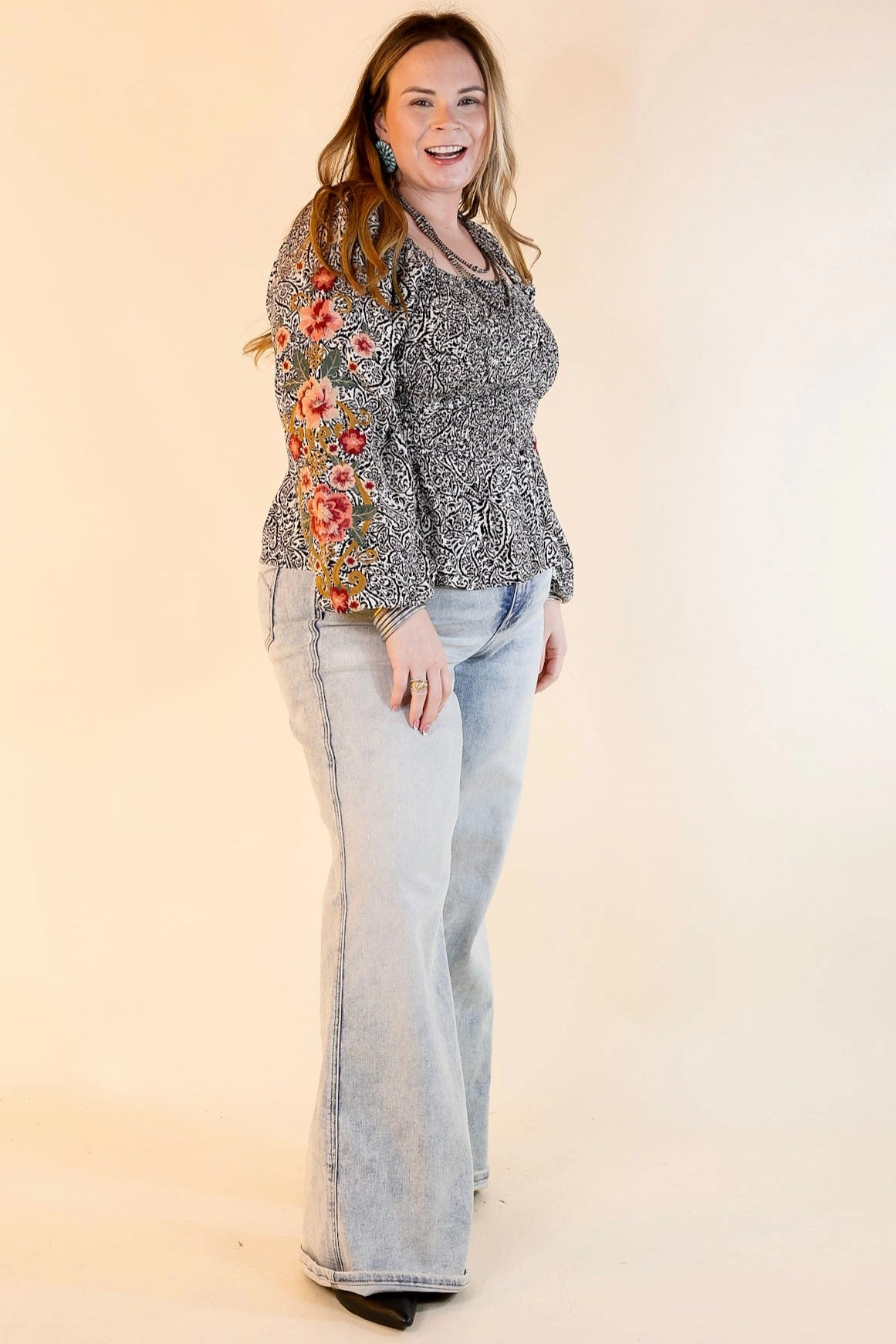 Durable Double Stitching Point The Way Damask Print Peplum Top with Long Embroidered Sleeves