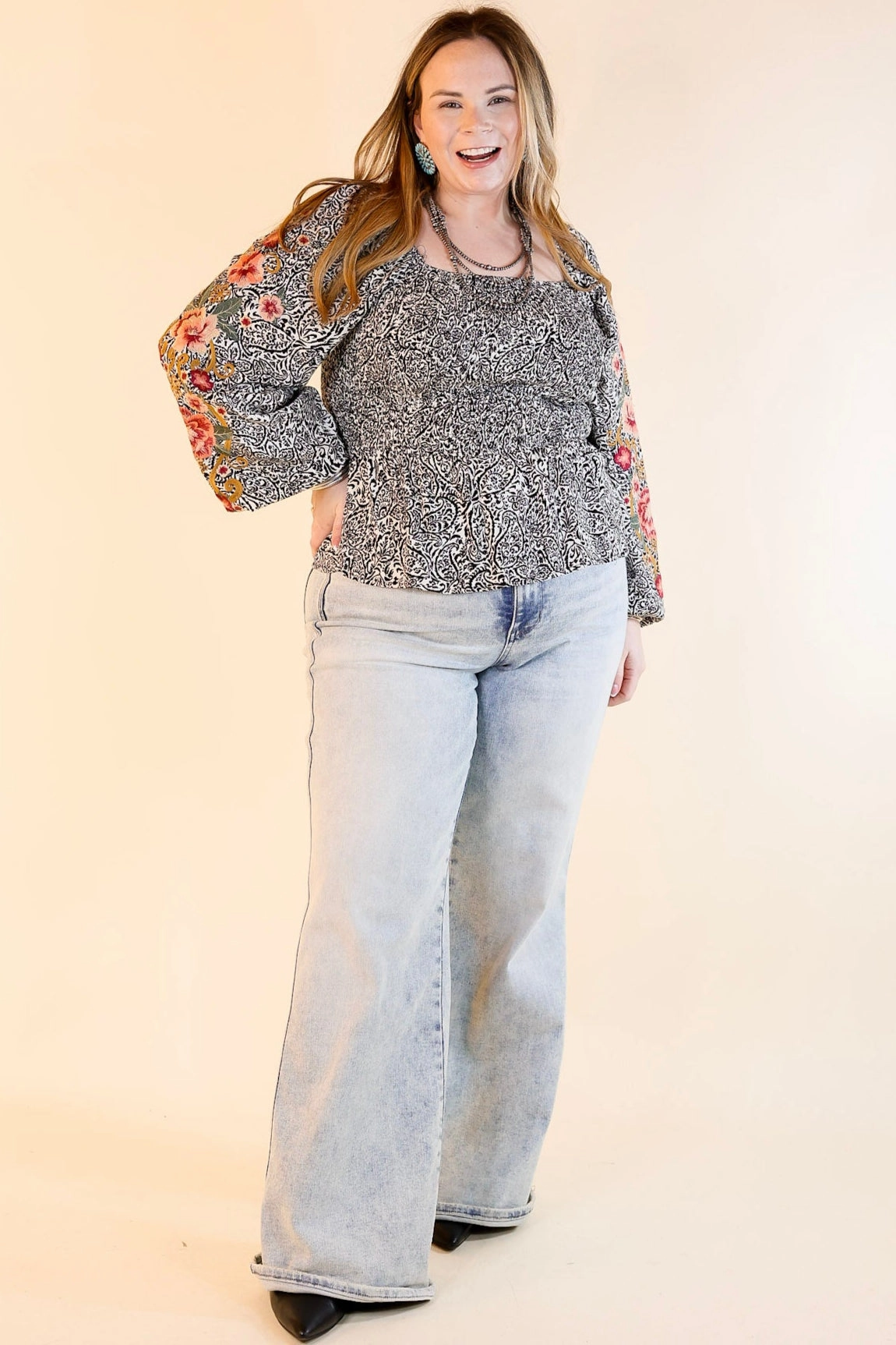 TaglessLabel Point The Way Damask Print Peplum Top with Long Embroidered Sleeves